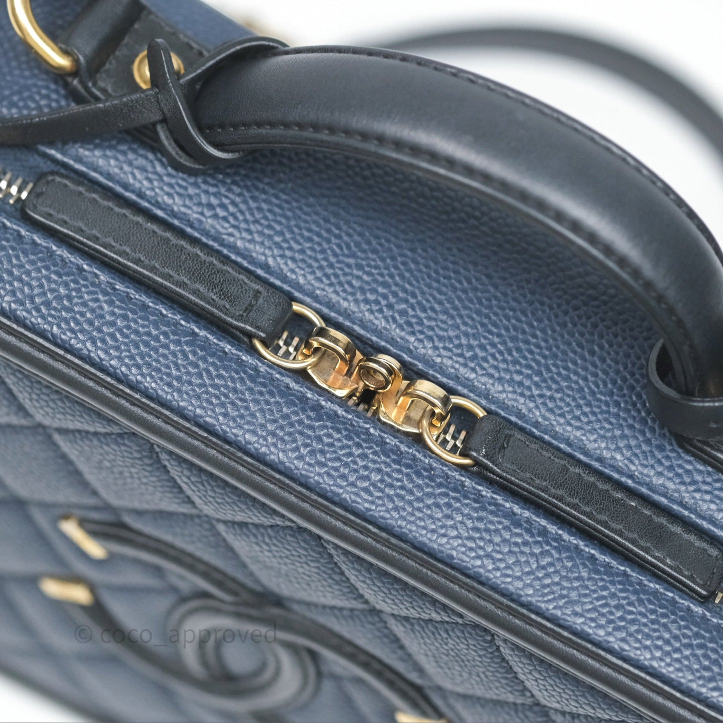 Chanel Quilted Medium CC Filigree Vanity Case Dark Navy Caviar Gold Hardware