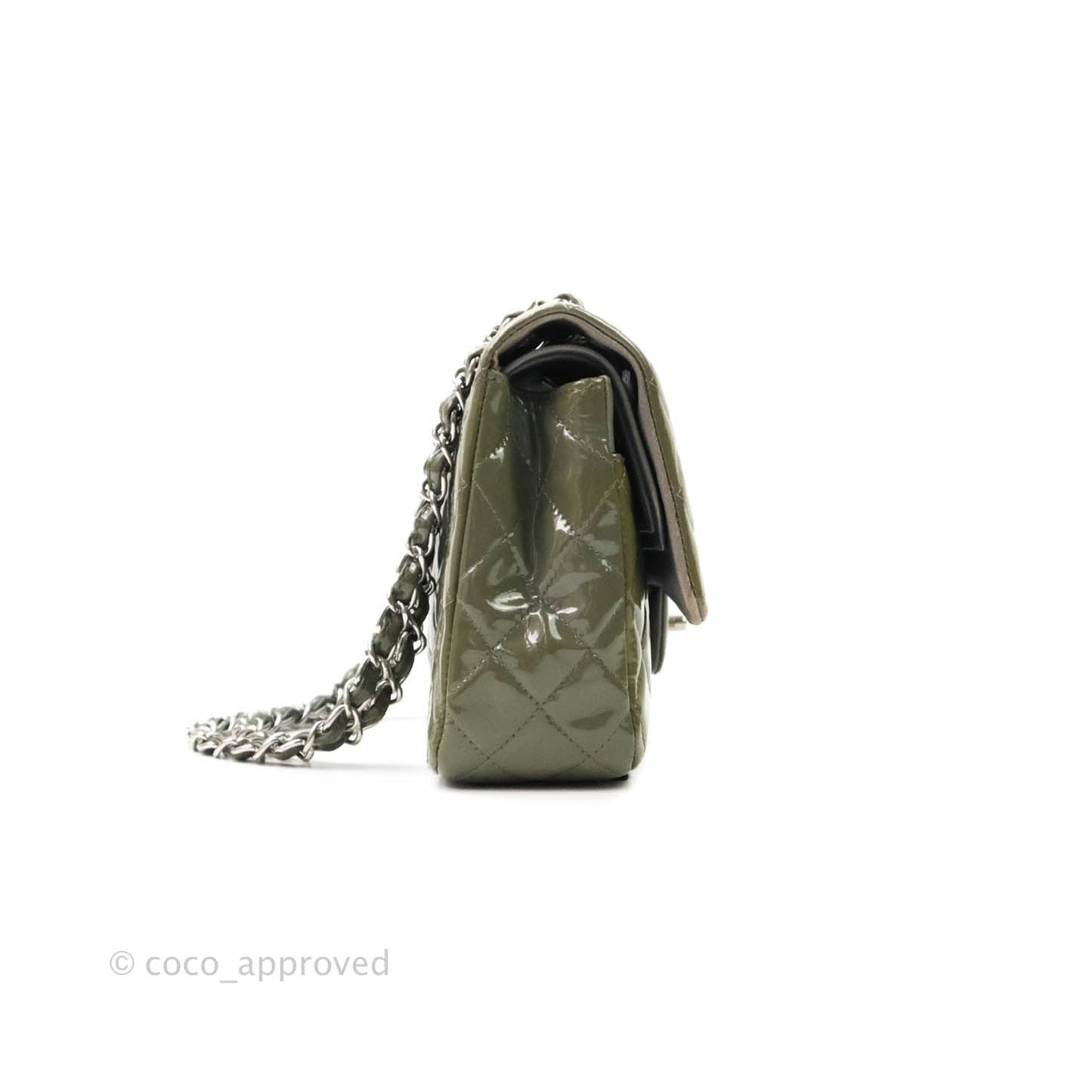 Chanel Classic M/L Medium Double Flap Olive Green Patent Silver Hardware