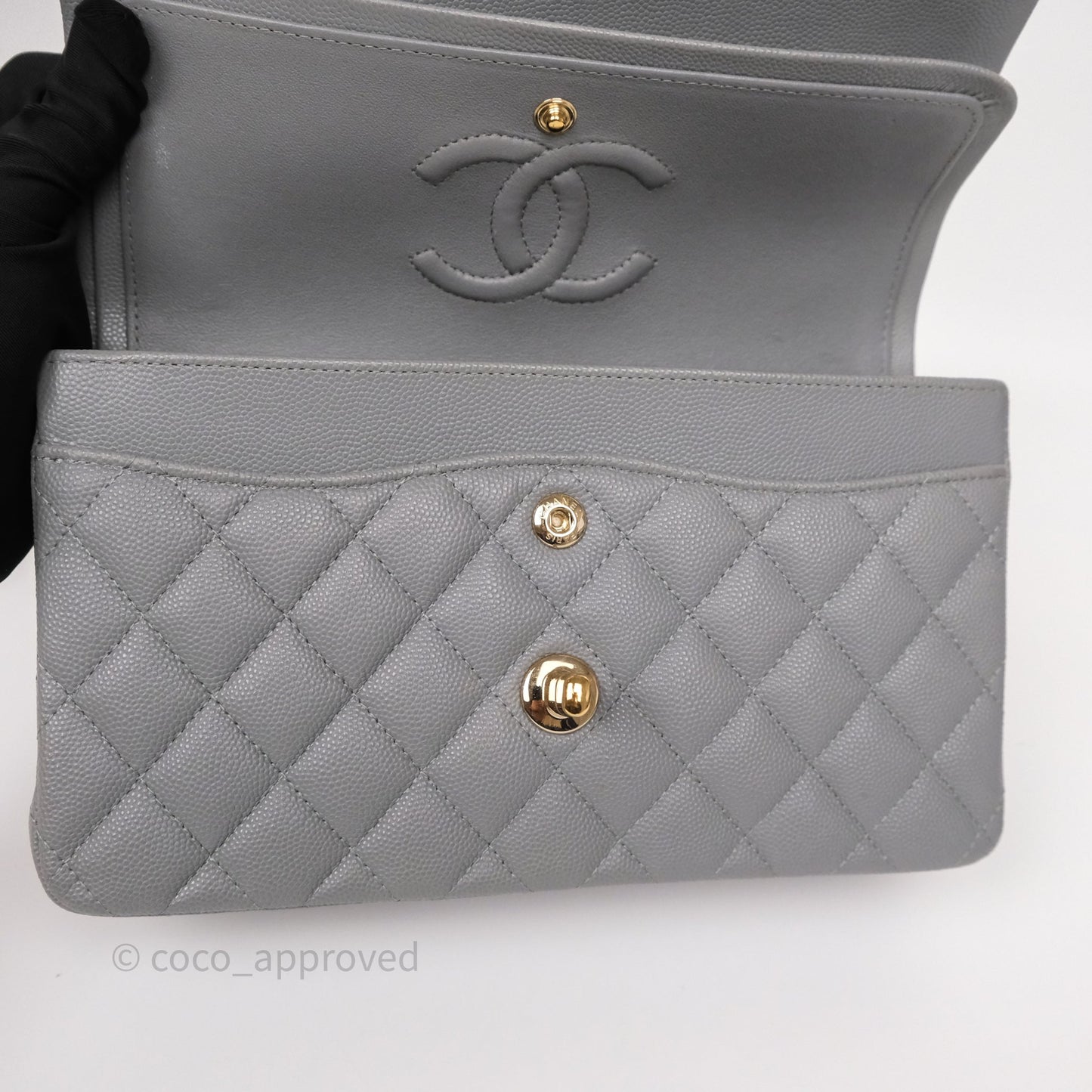 Chanel Small Classic Flap Quilted Grey Caviar Gold Hardware