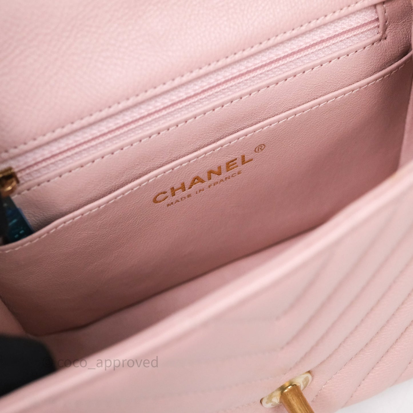 Chanel Mini Square Chevron Pink Calfskin Aged Gold Hardware
