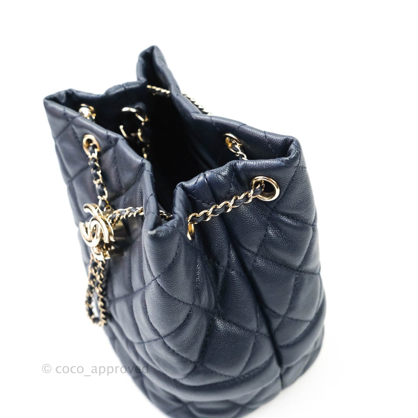 Chanel Caviar Quilted Rolled Up Bucket Drawstring Bag Navy Gold Hardware