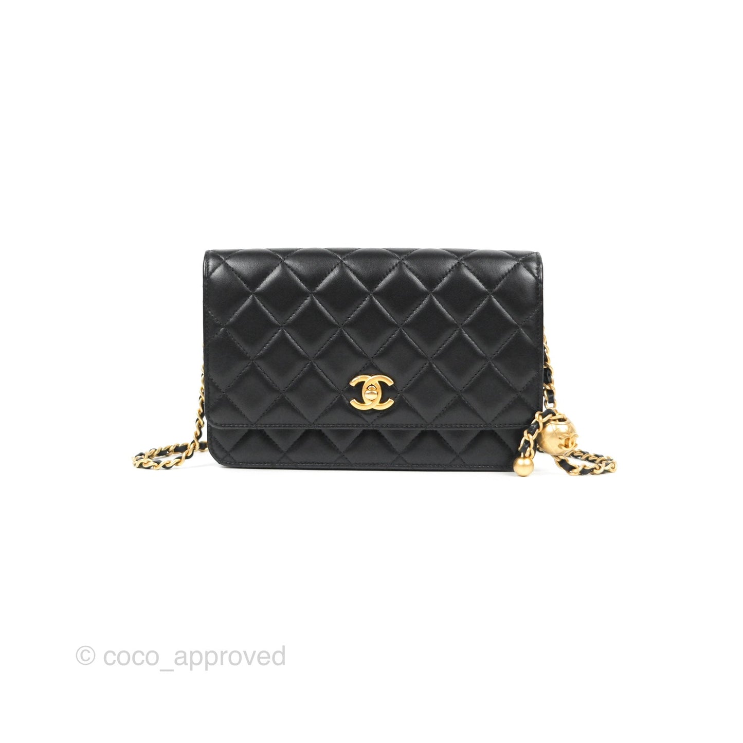 Chanel Quilted Pearl Crush Wallet on Chain WOC Black Lambskin Aged Gold Hardware
