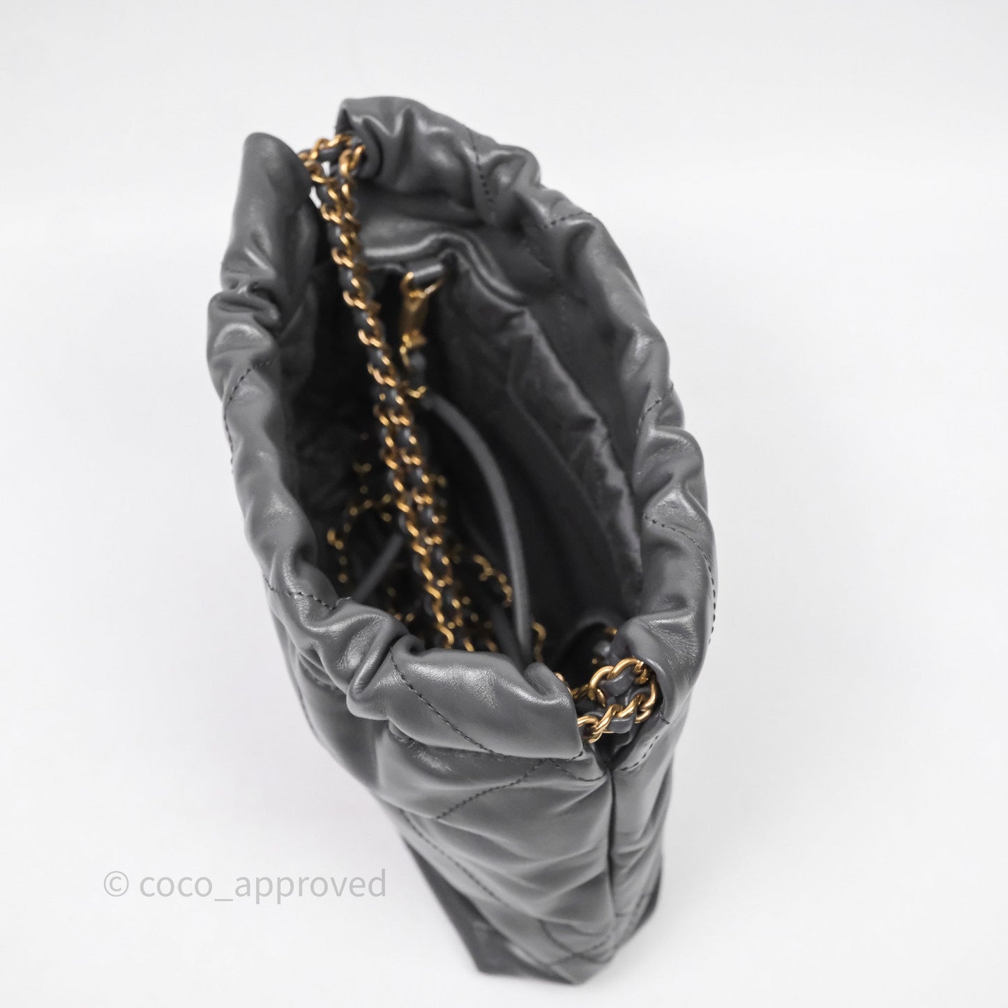 Chanel 22 Mini Bag Dark Grey Shiny Crumpled Calfskin Aged Gold Hardware