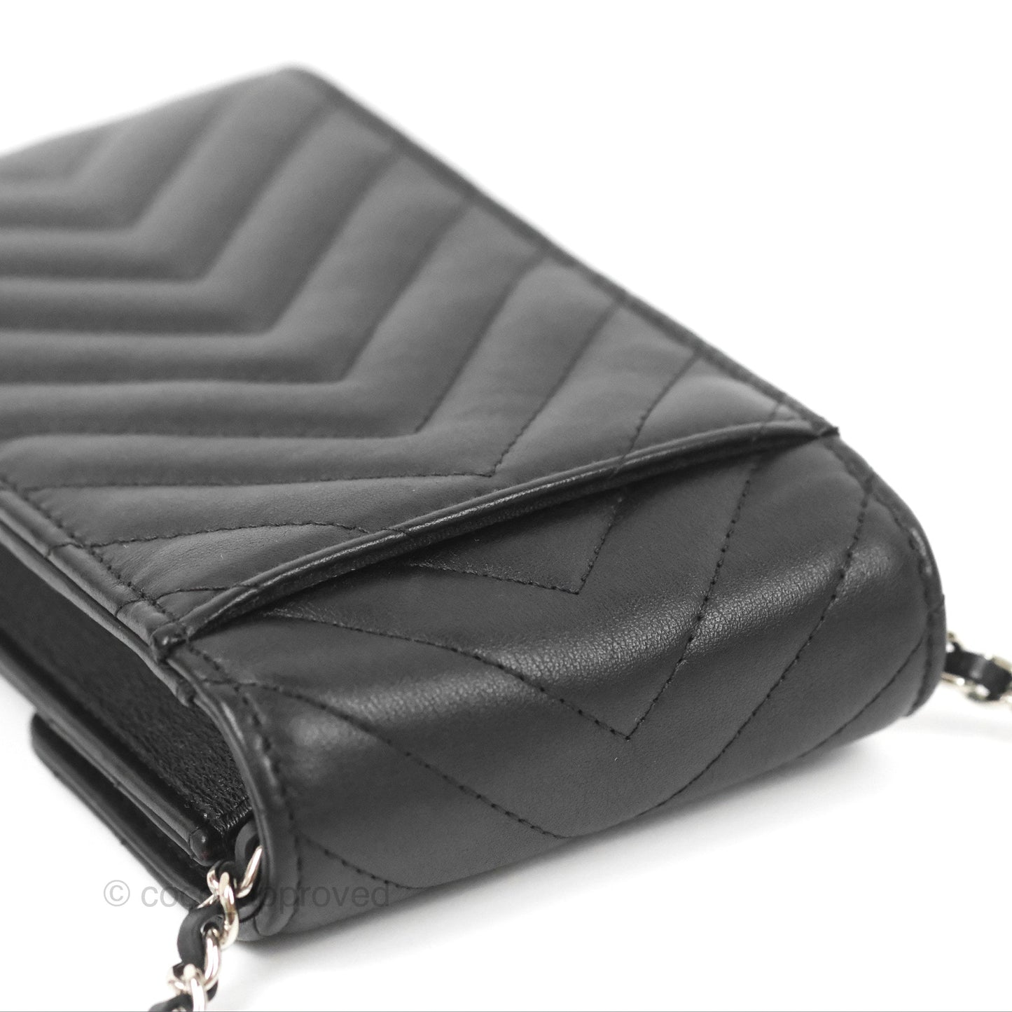 Chanel Classic Chevron Phone Holder Black Calfskin Silver Hardware