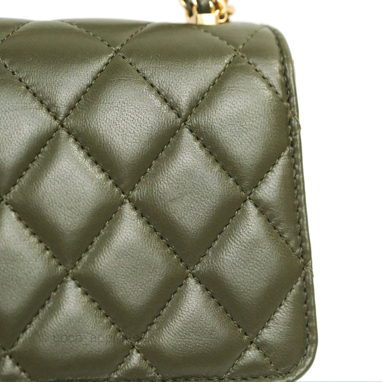 Chanel Top Handle Clutch With Chain Army Green Lambskin Aged Gold Hardware