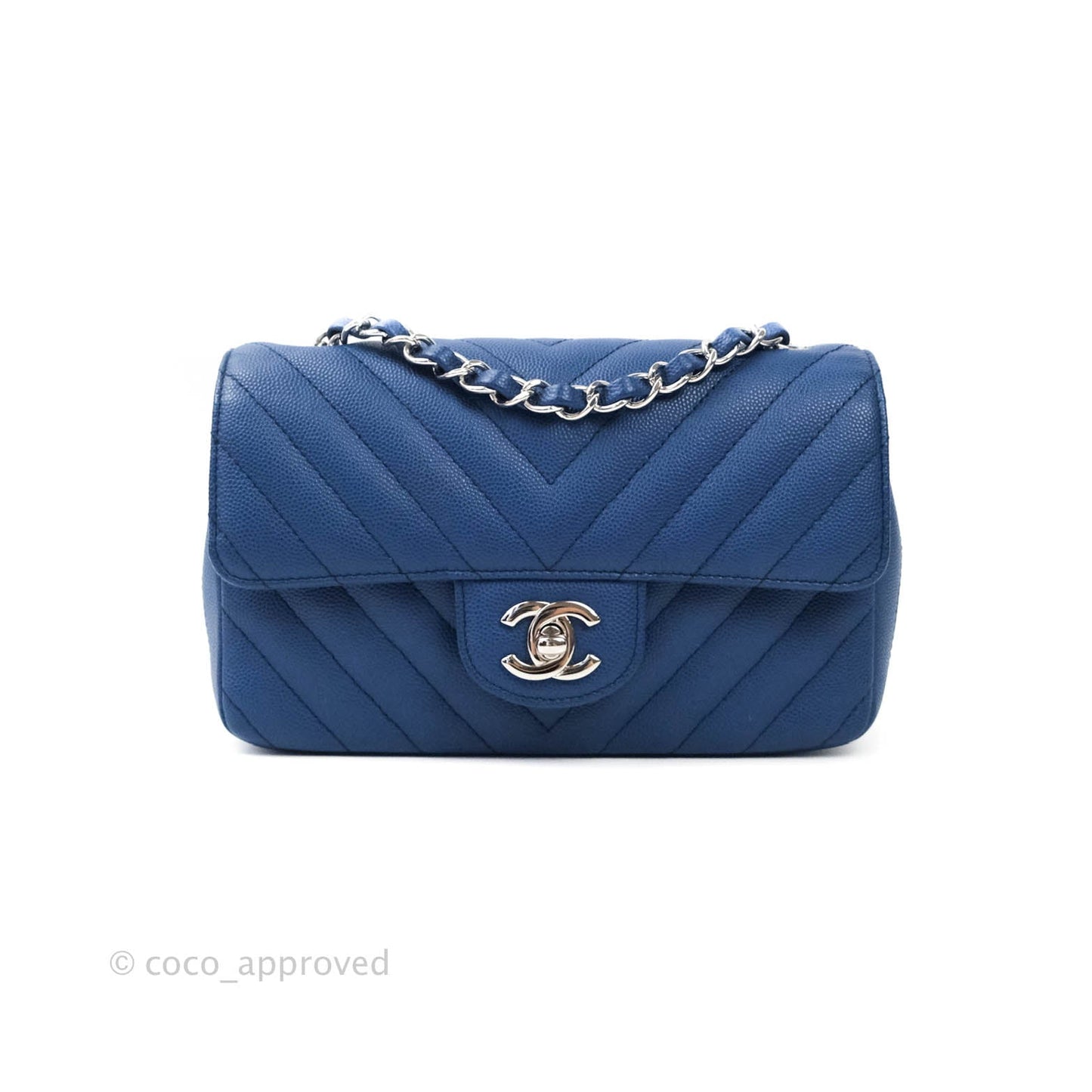 Chanel Mini Rectangular Chevron Caviar Blue Silver Hardware