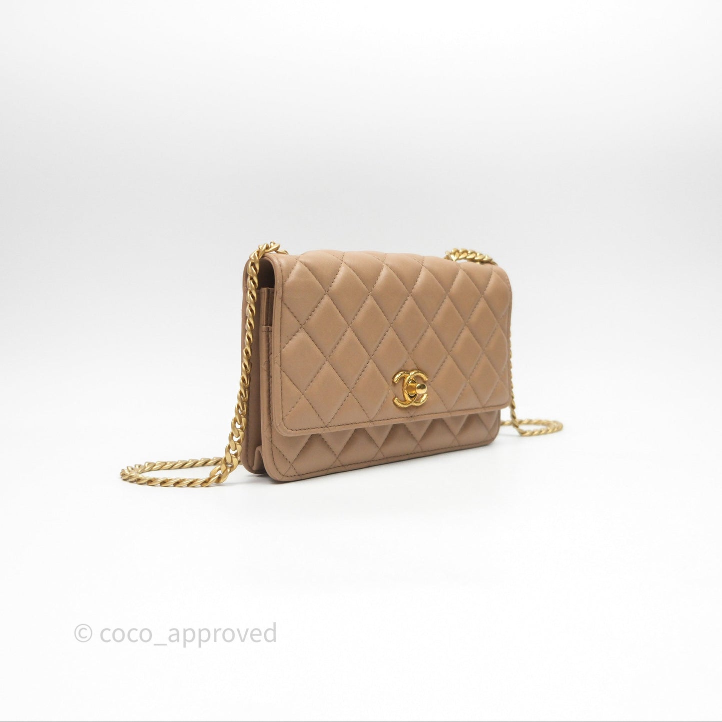 Chanel All Slide Wallet on Chain WOC Adjustable Chain Quilted Beige Lambskin