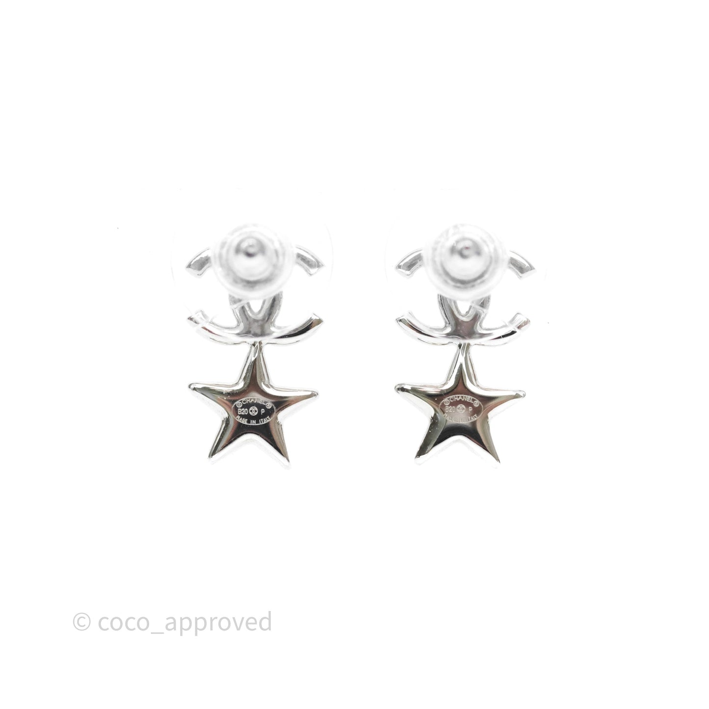 Chanel Crystal CC Star Earrings Silver Tone 20P