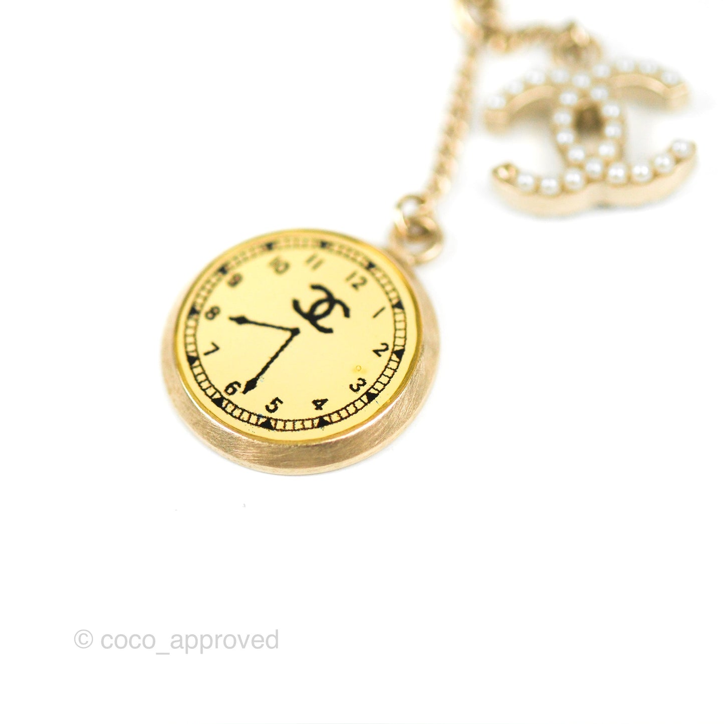 Chanel Pearl CC Clock Pendant Necklace Gold Tone 07C
