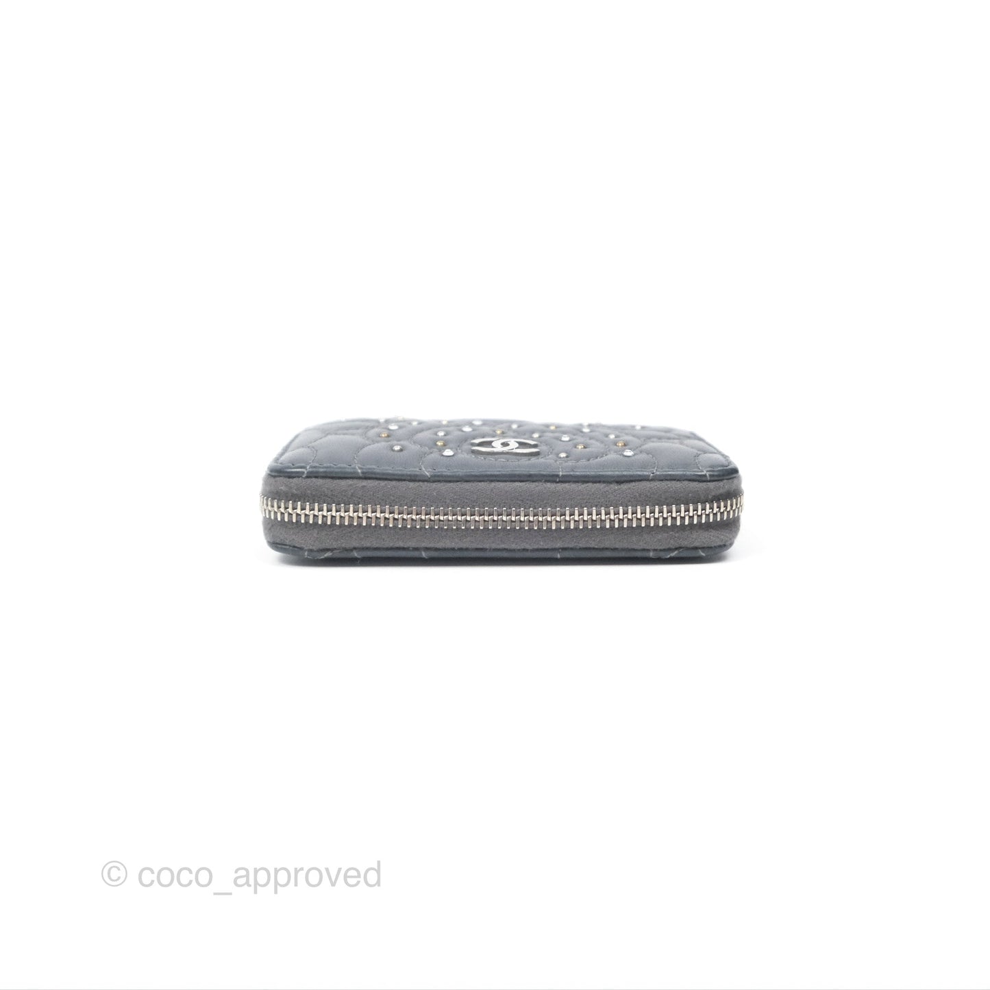 Chanel Camellia Crystal Studded Zipped Coin Purse Grey Silver Hardware