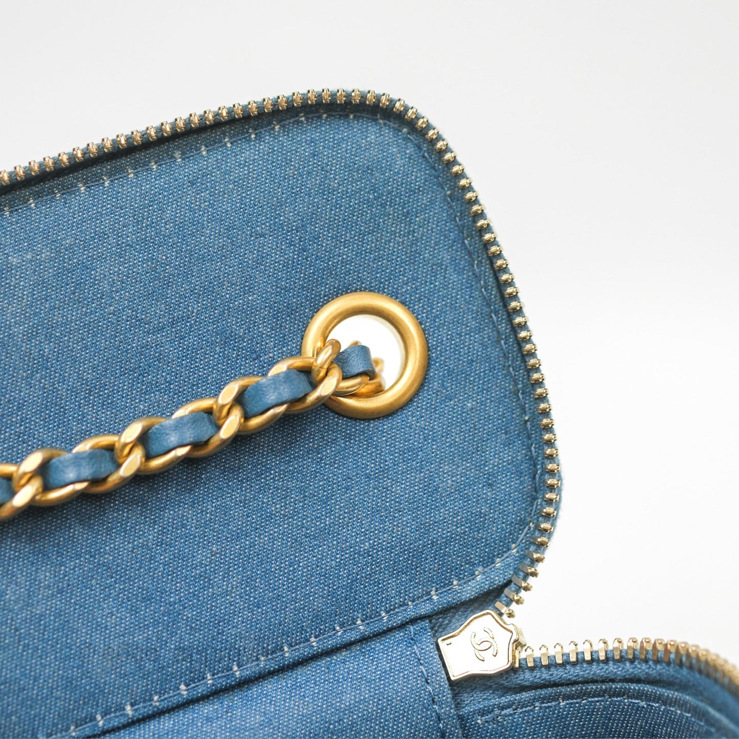 Chanel Mini Pearl Crush Vanity With Chain Denim Aged Gold Hardware