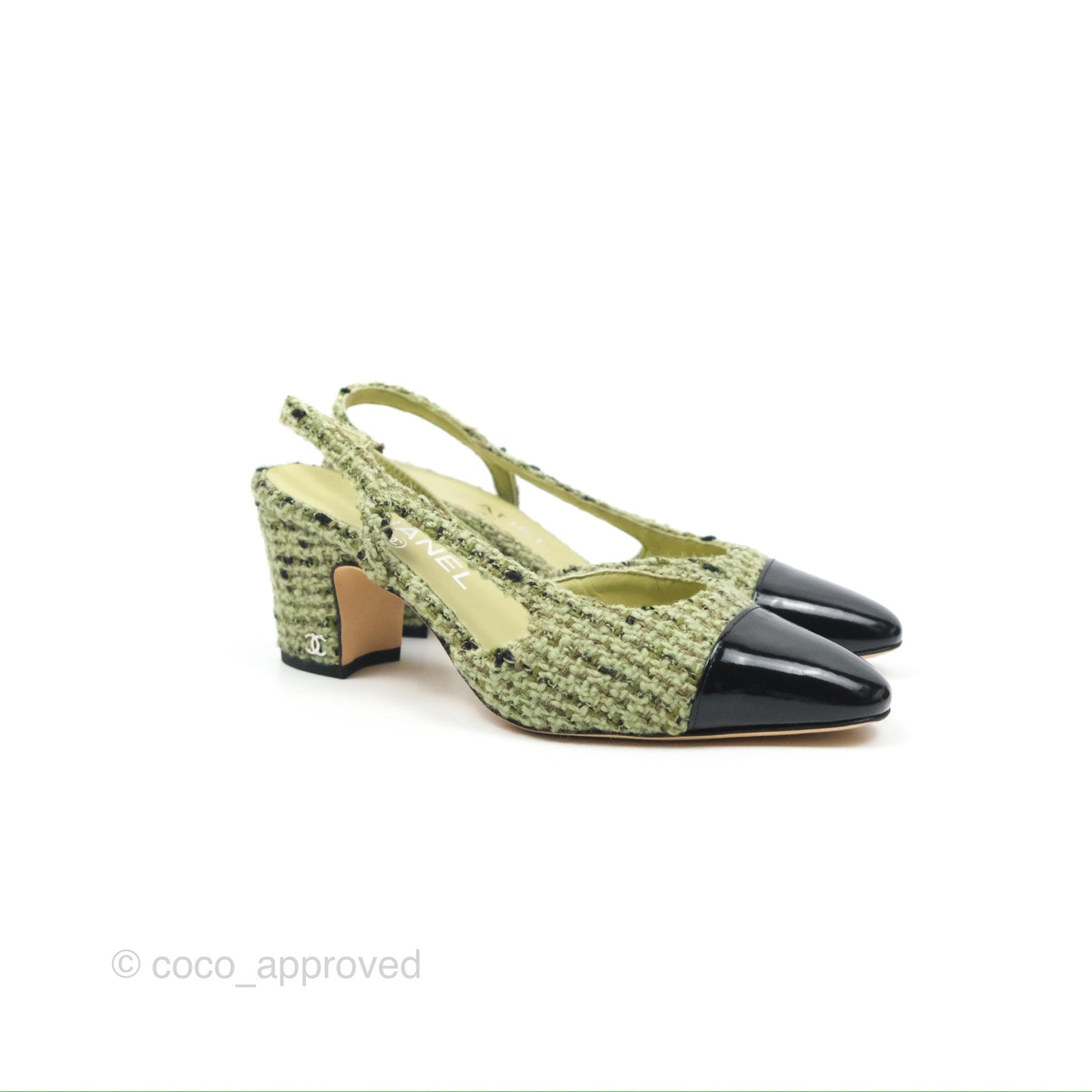 Chanel Classic Slingback Pumps Tweed Patent Green Black