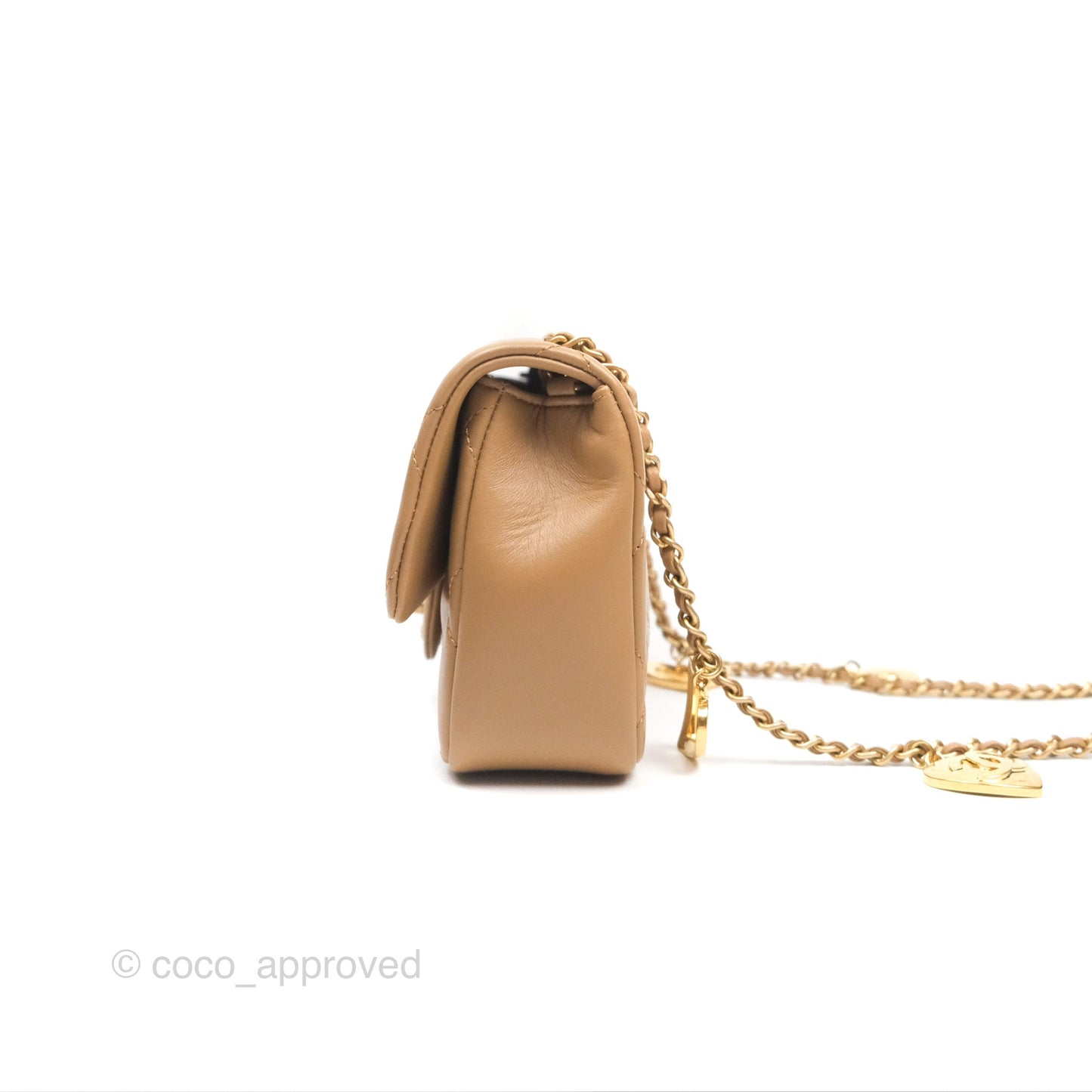 Chanel Mini Flap Bag With Heart CC Charm Beige Lambskin Aged Gold Hardware 22B