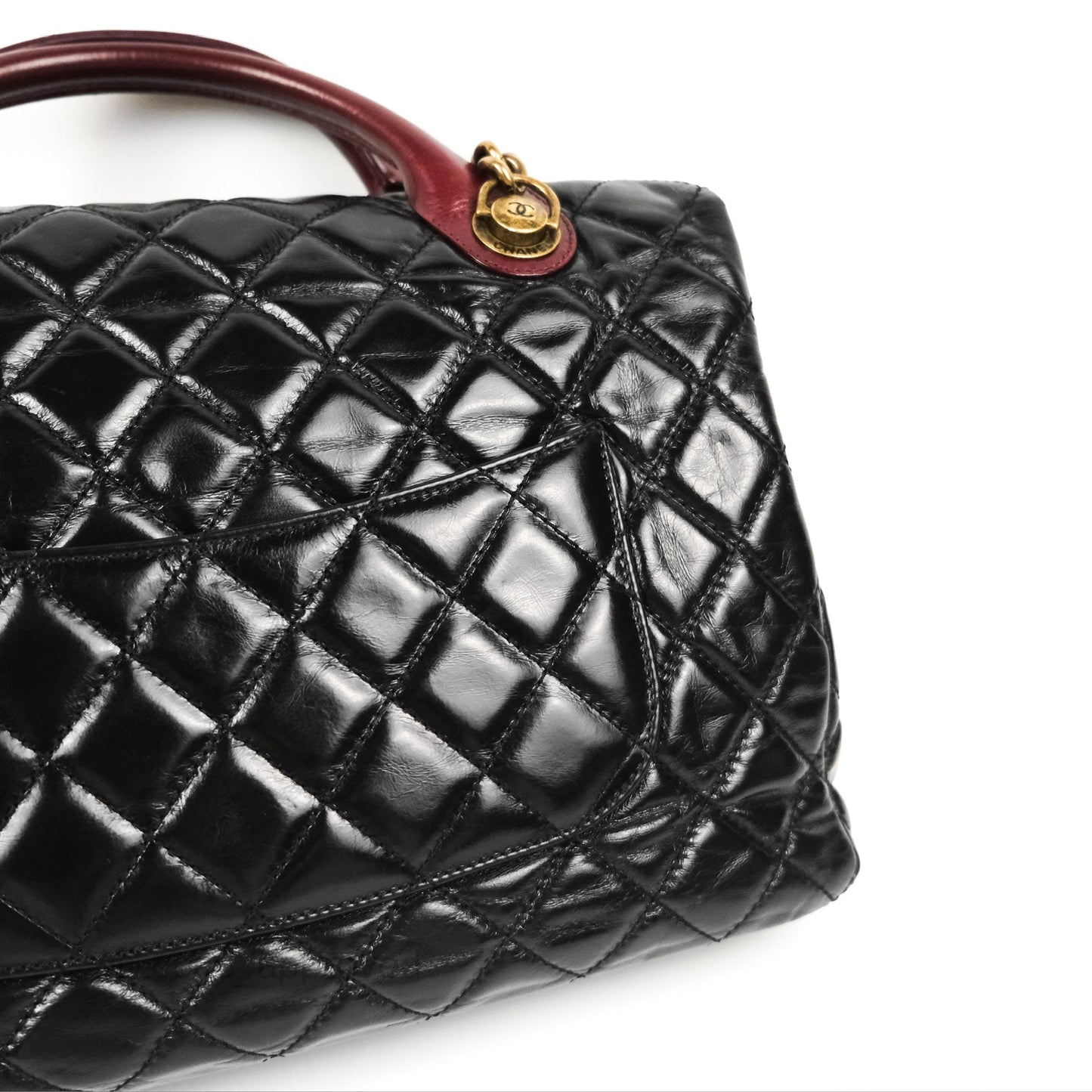 Chanel Large Castle Rock Flap Bag Black Glazed Aged Calfskin Burgundy Handle