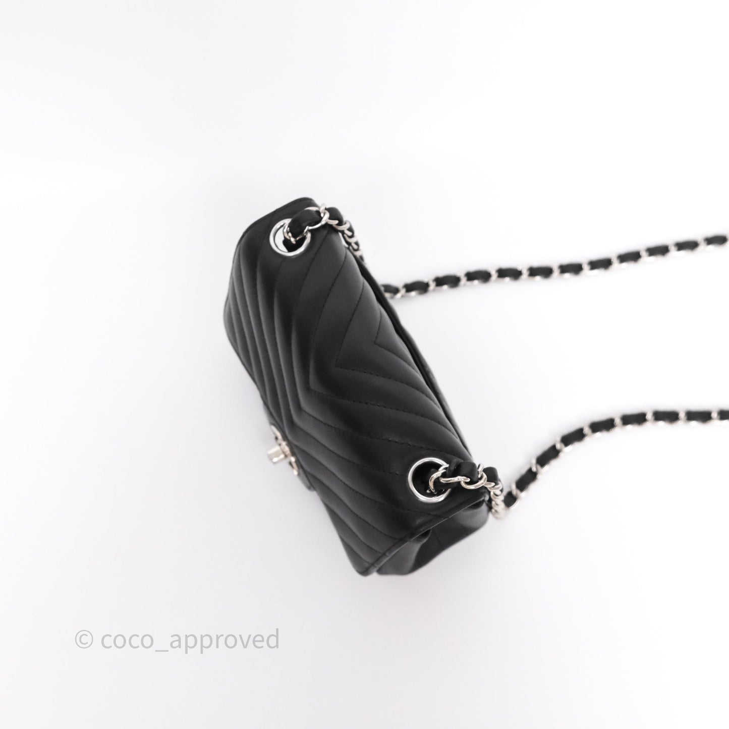 Chanel Mini Square Black Lambskin Chervon Bag Silver Hardware