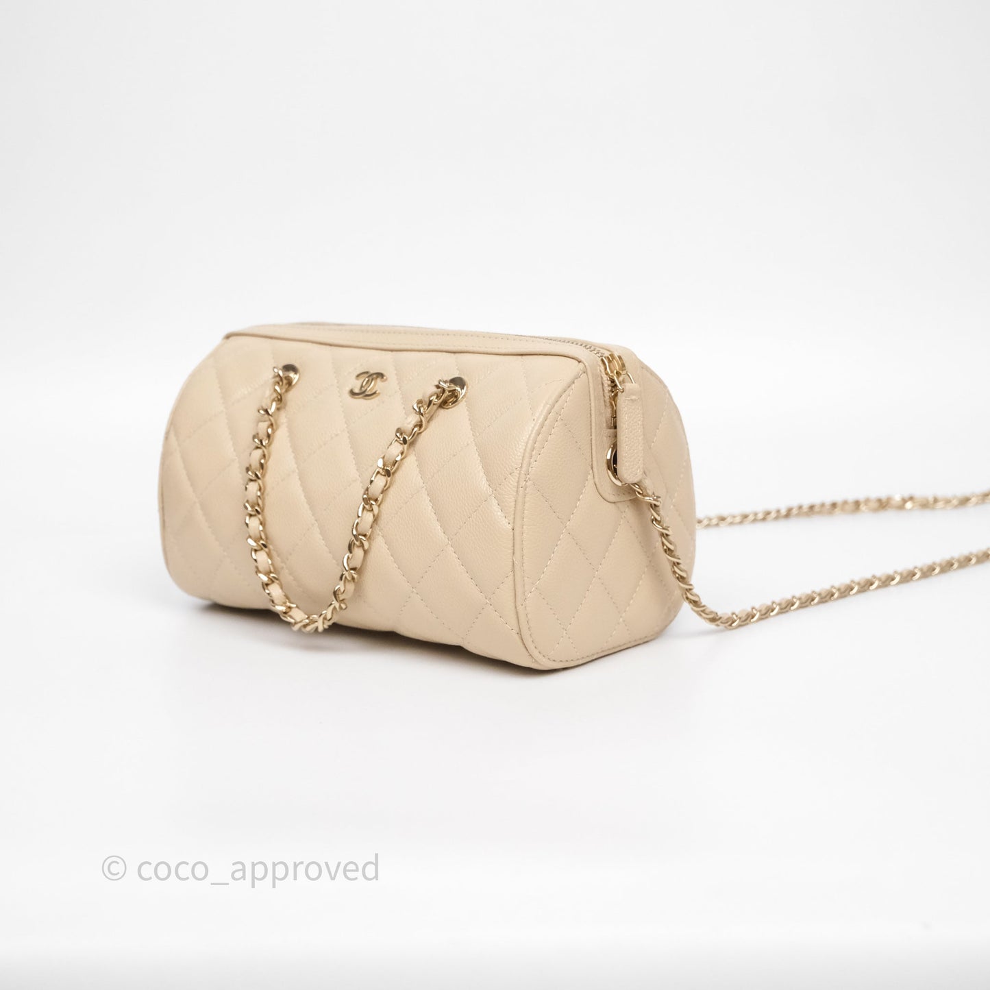 Chanel Mini Quilted Bowling Bag Beige Caviar Gold Hardware 25P