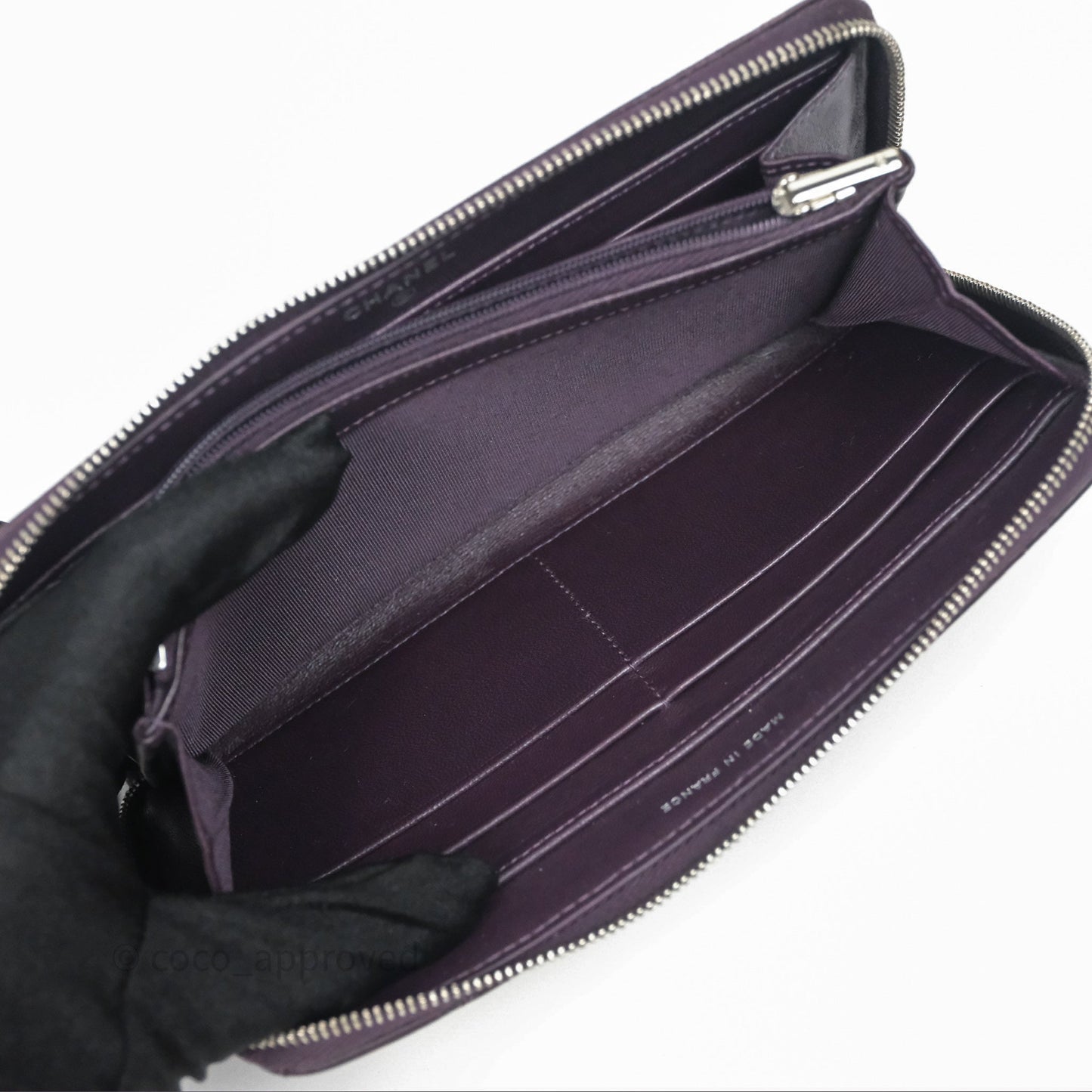 Chanel Classic Zipped Long Wallet Dark Purple Lambskin Silver Hardware