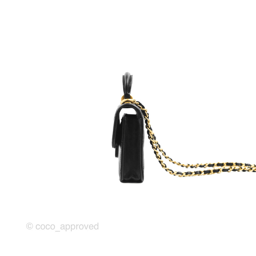 Chanel Mini Handle Flap Coin Purse With Chain Black Lambskin Gold Hardware