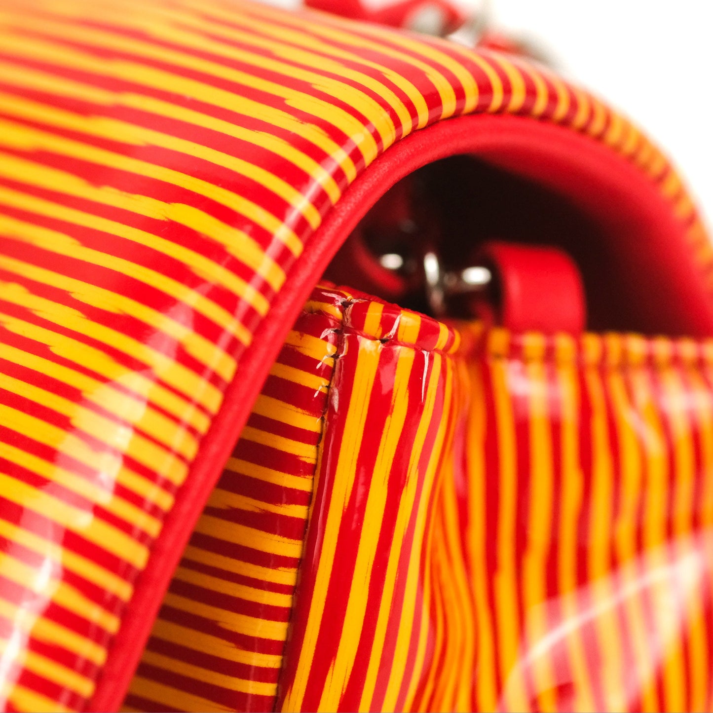 Chanel Mini Rectangular Flap Bag Orange Red Striped Patent Silver Hardware