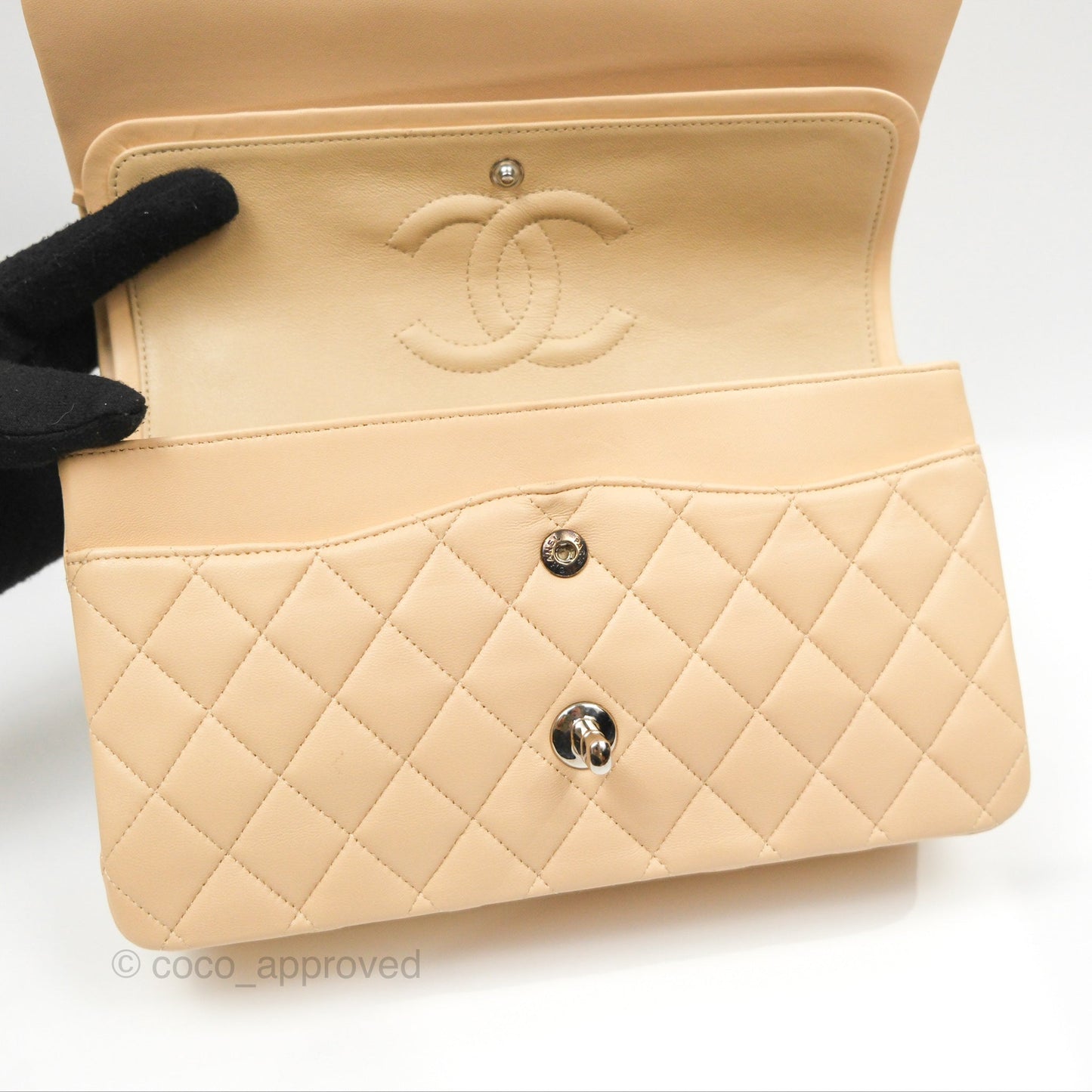 Chanel Classic M/L Medium Flap Quilted Beige Lambskin Silver Hardware