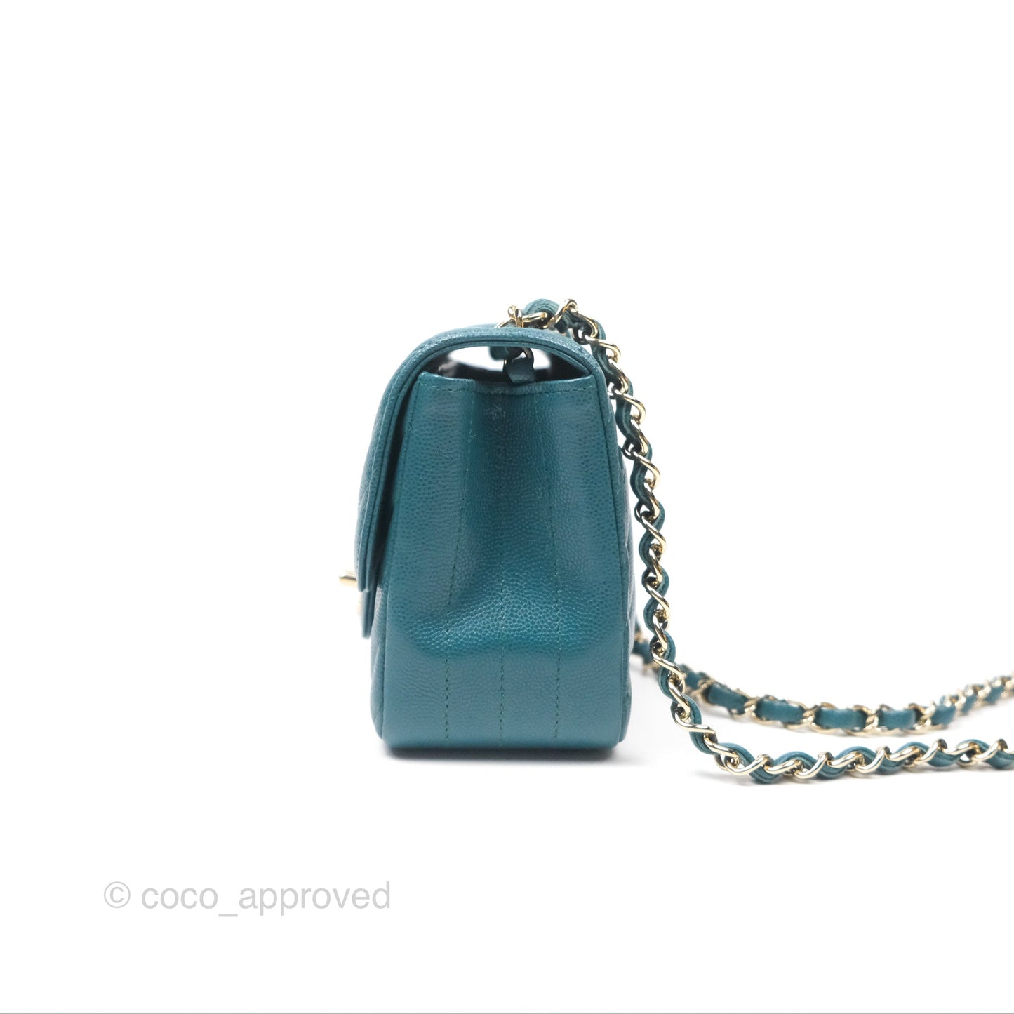 Chanel Mini Square Flap Chevron Teal Caviar Gold Hardware
