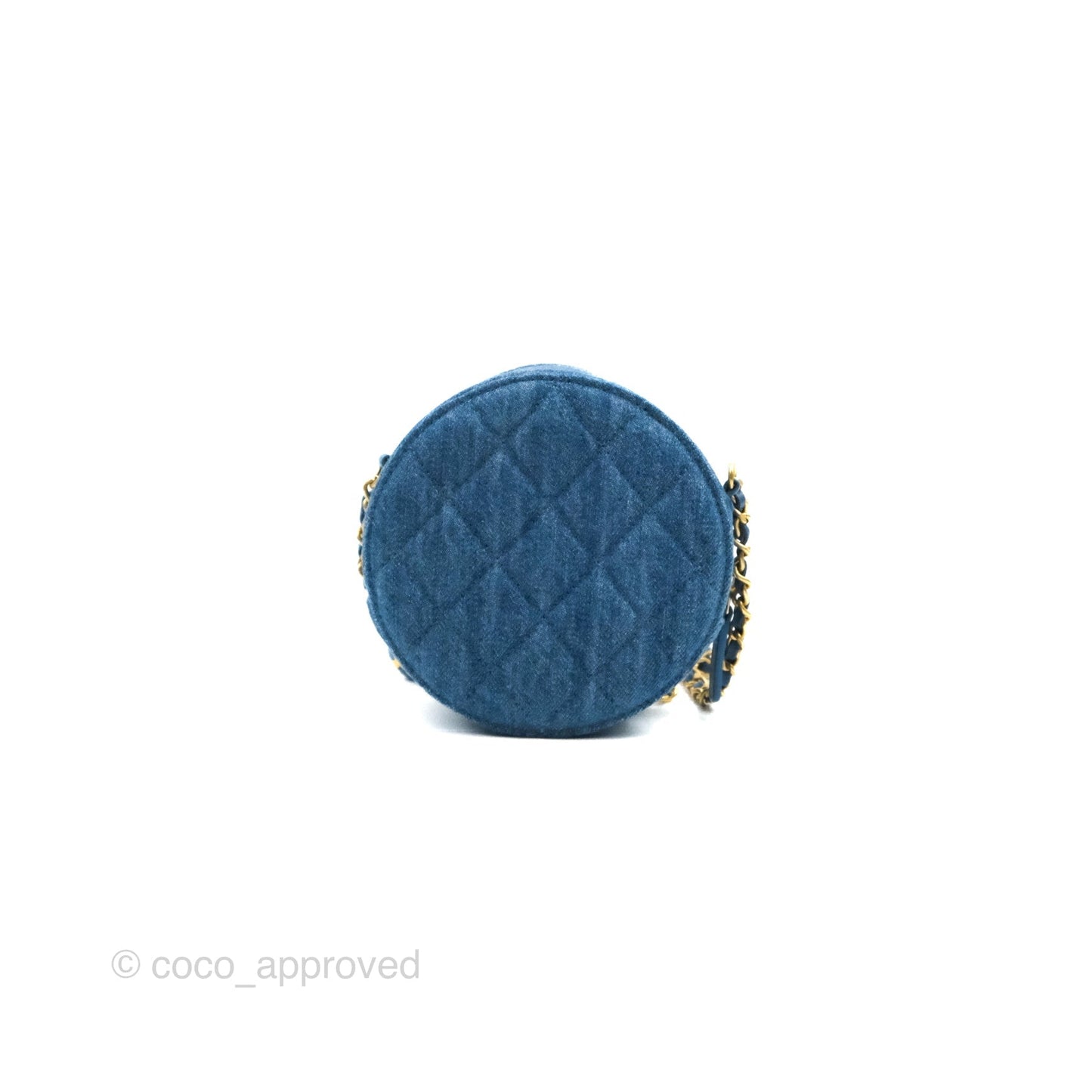 Chanel Quilted Pearl Crush Round Clutch With Chain Denim Aged Gold Hardware