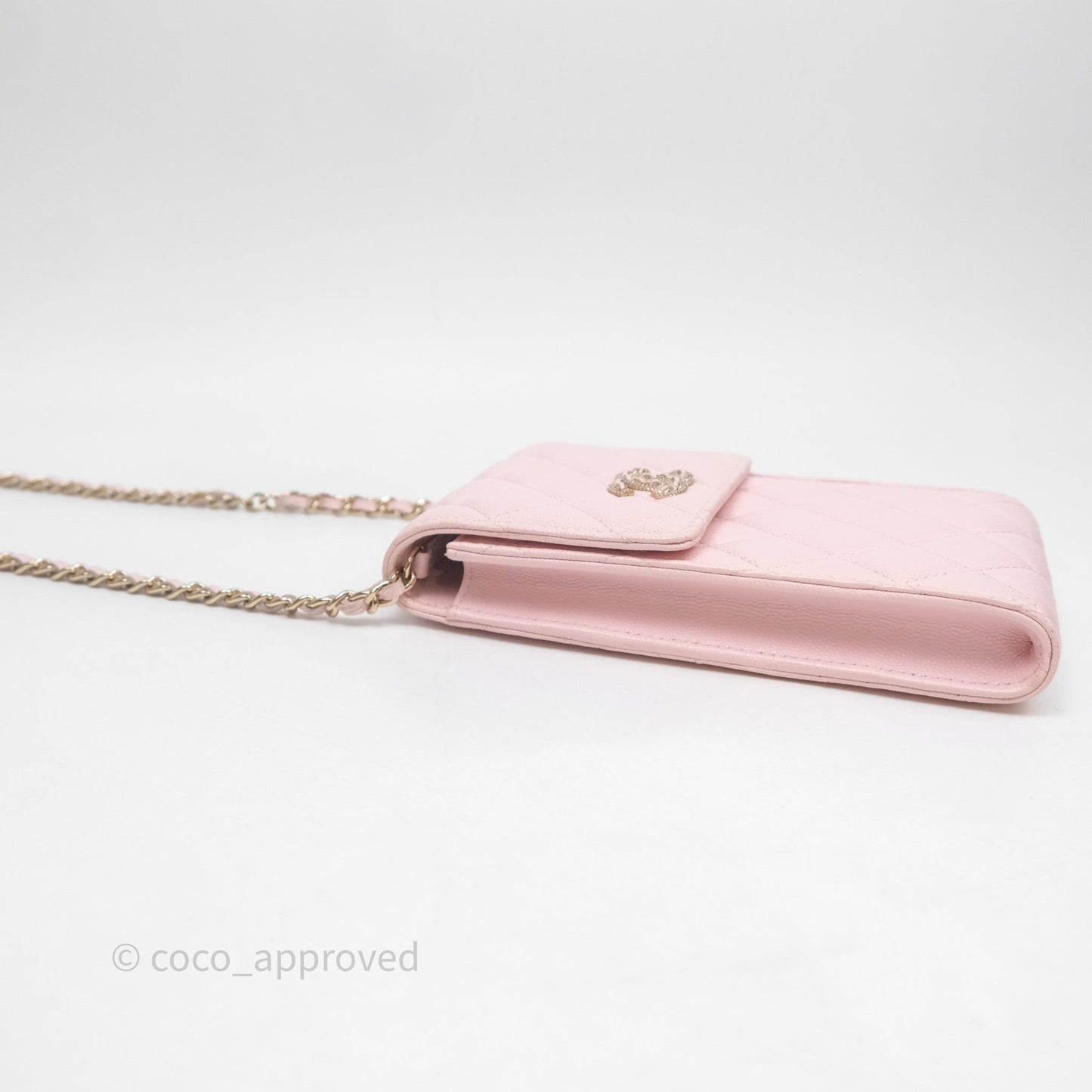 Chanel Quilted Crystal CC Pink Caviar Airpods Phone Case With Chain Light Gold Hardware