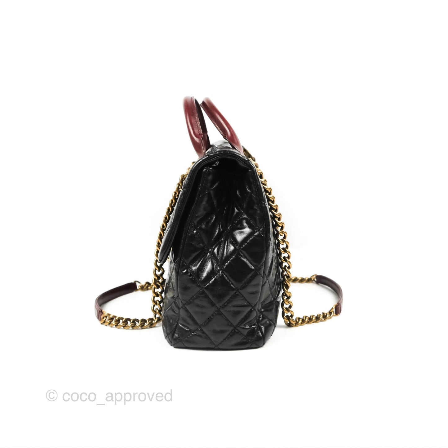 Chanel Large Castle Rock Flap Bag Black Glazed Aged Calfskin Burgundy Handle