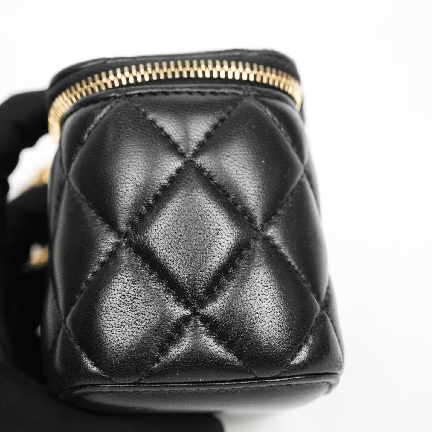 Chanel Mini Black Lambskin Vanity Pearl Crush With Chain Gold Hardware