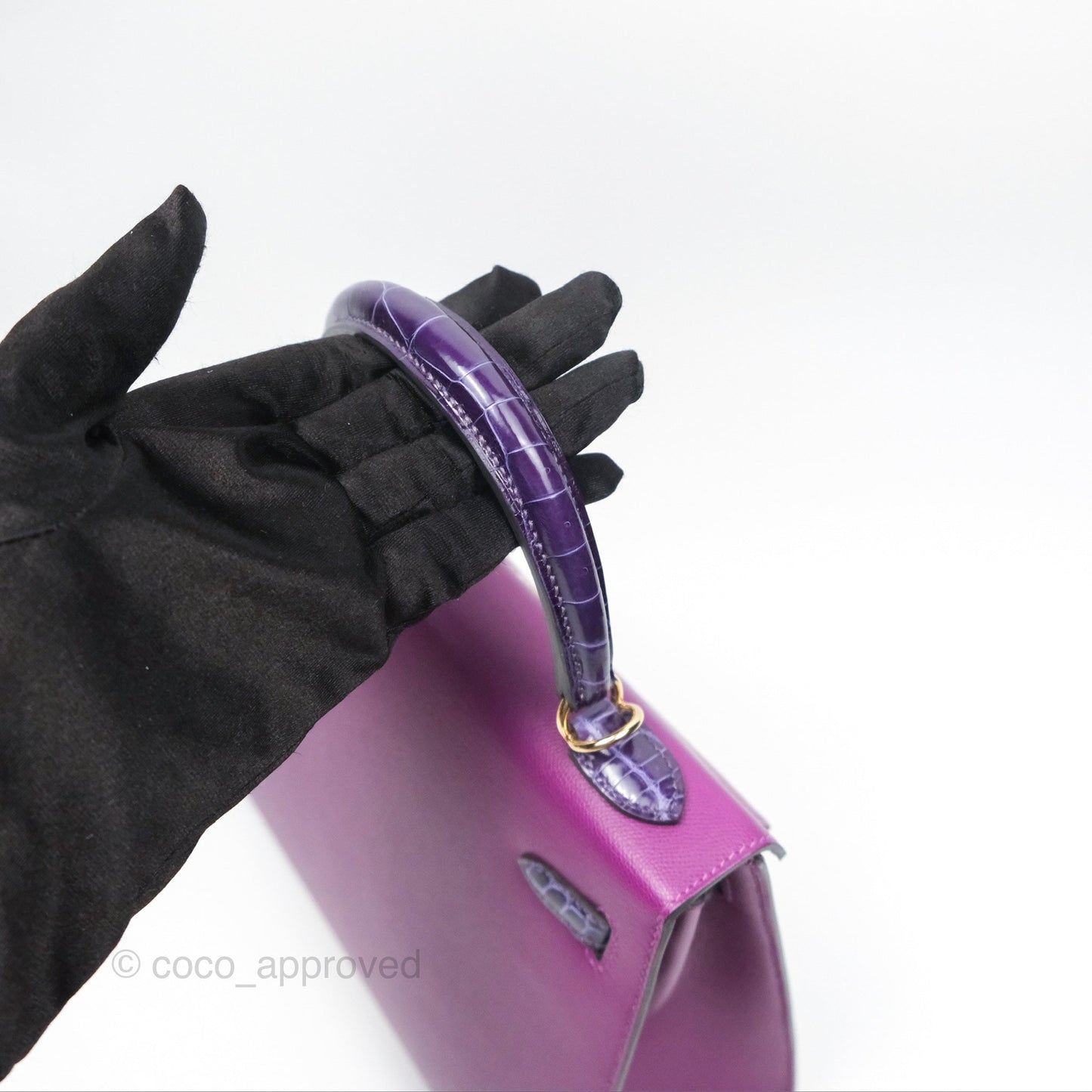 Hermès Kelly 25 Sellier Touch Anemone/ Amethyste Madame/ Croc Gold Hardware