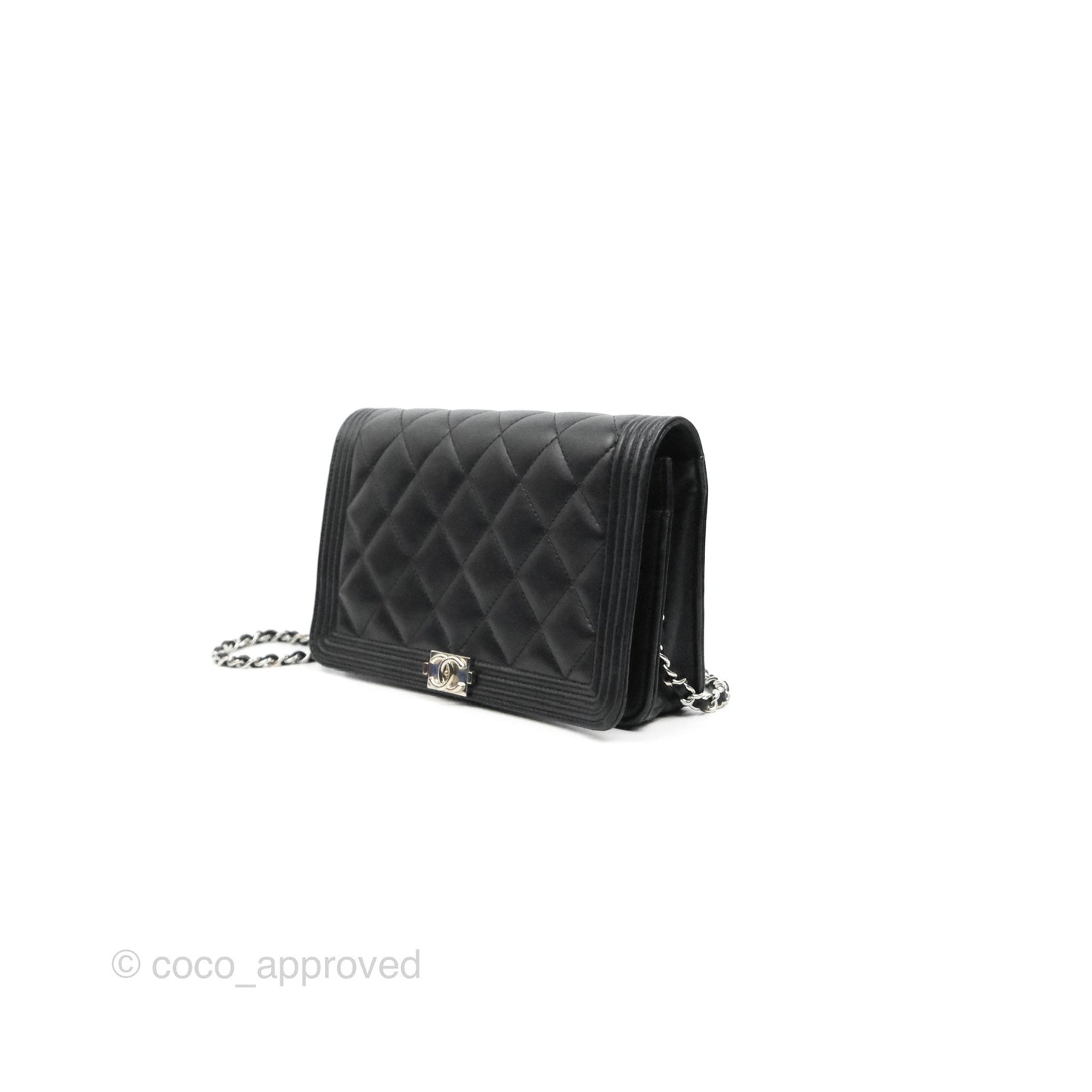 Chanel Quilted Boy Wallet on Chain WOC Black Lambskin Silver Hardware