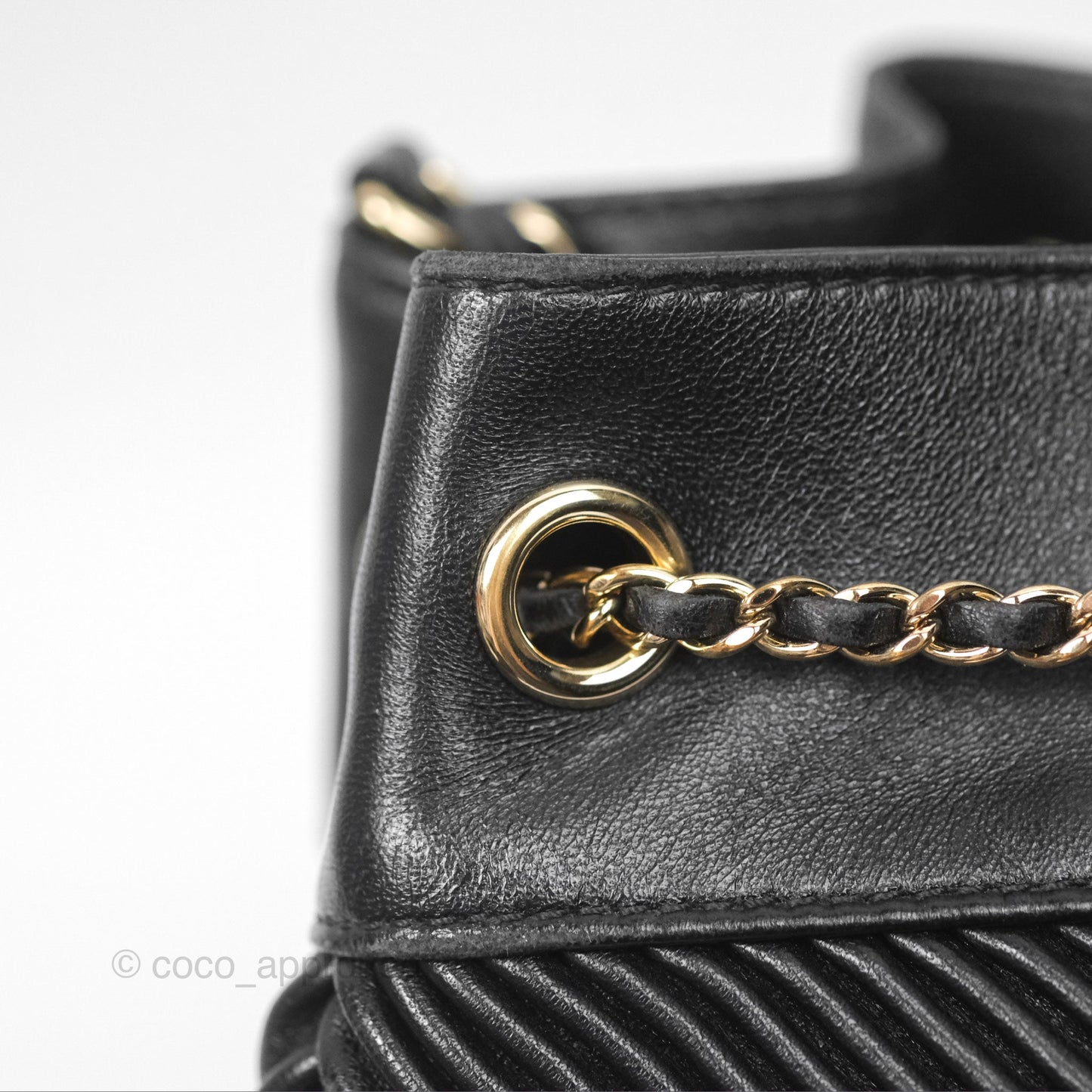 Chanel CC Chain Drawstring Bucket Bag Chevron Black Lambskin Gold Hardware