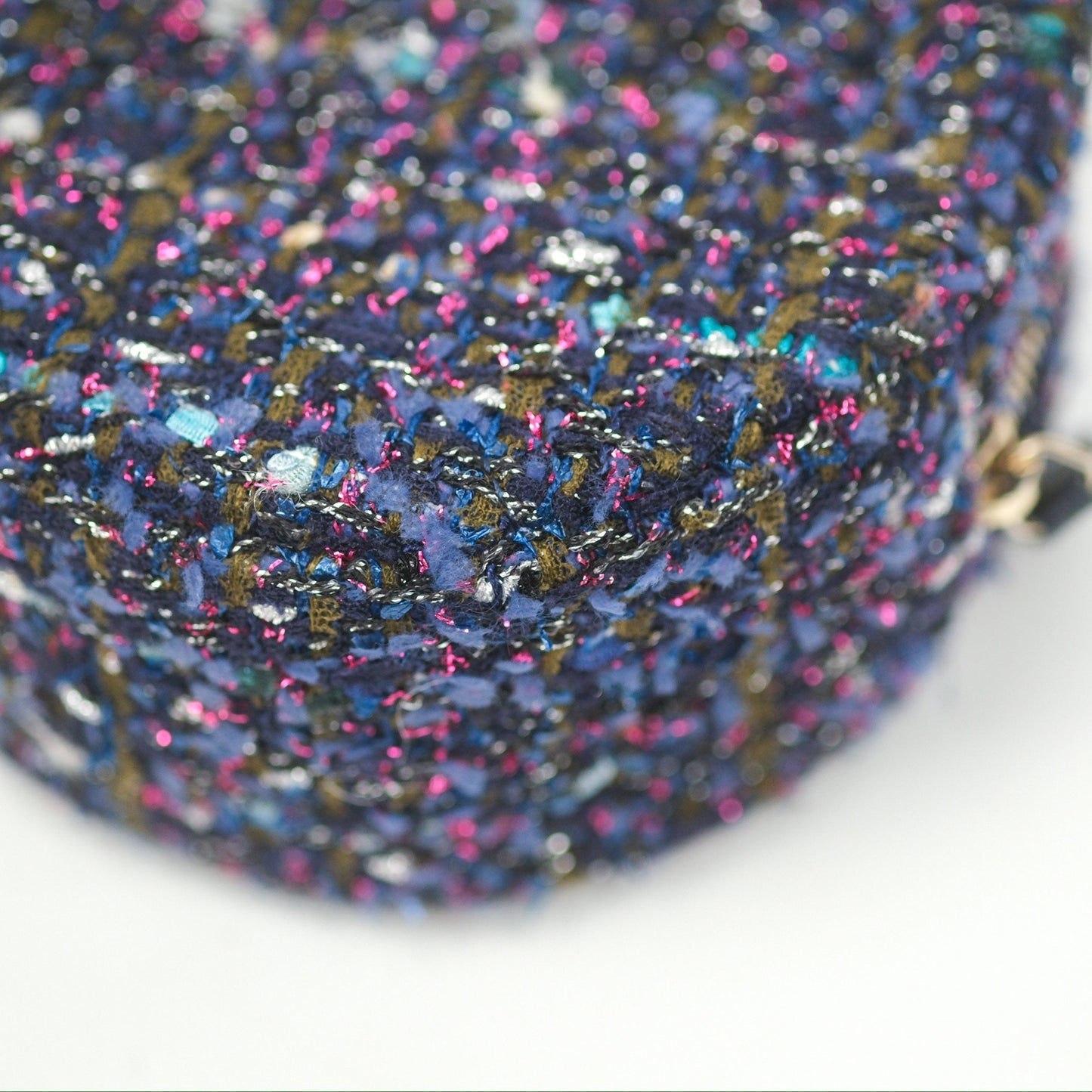 Chanel Classic Quilted Round Clutch With Chain Navy Tweed Gold Hardware