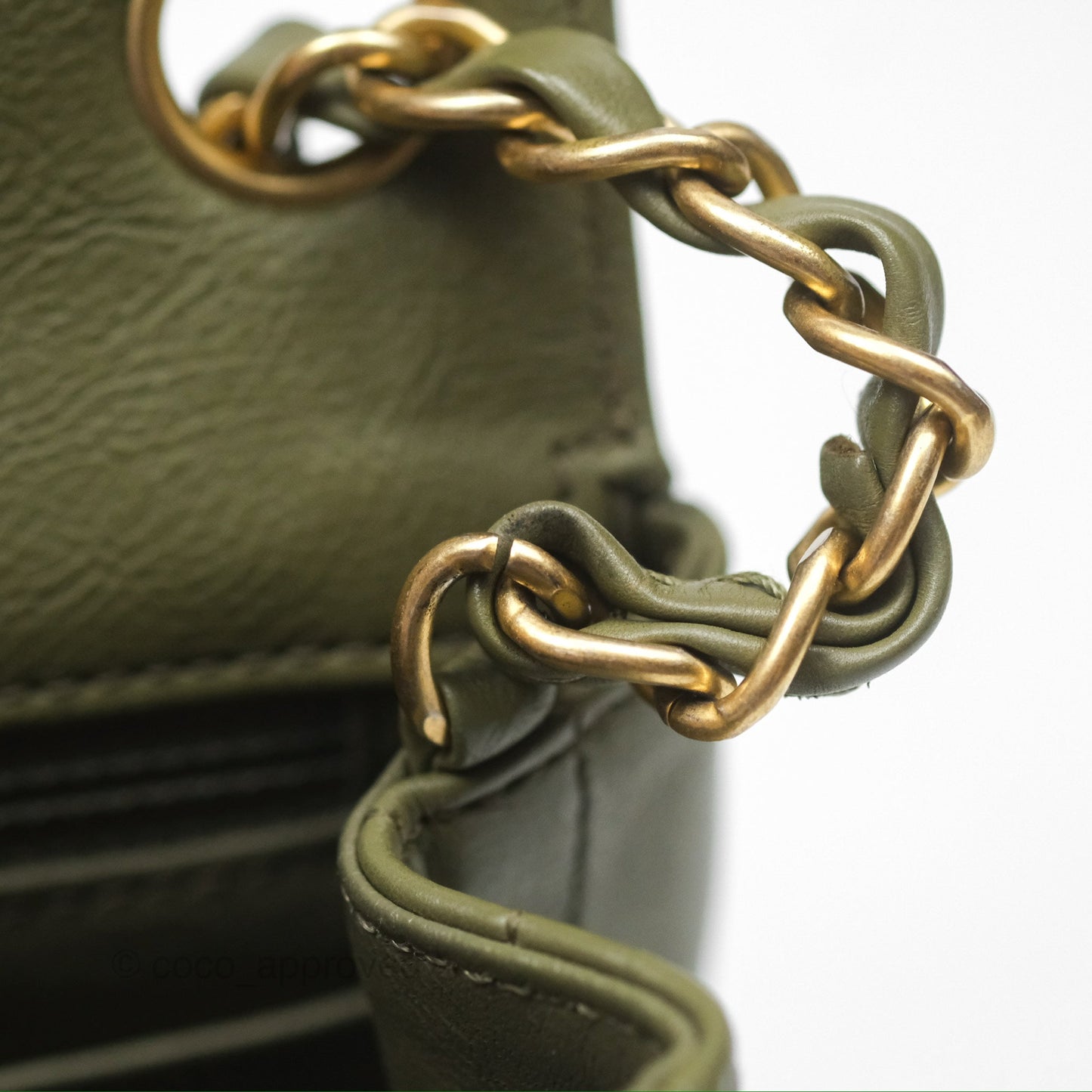 Chanel Mini Square Flap Chevron Olive Green Calfskin Gold Hardware