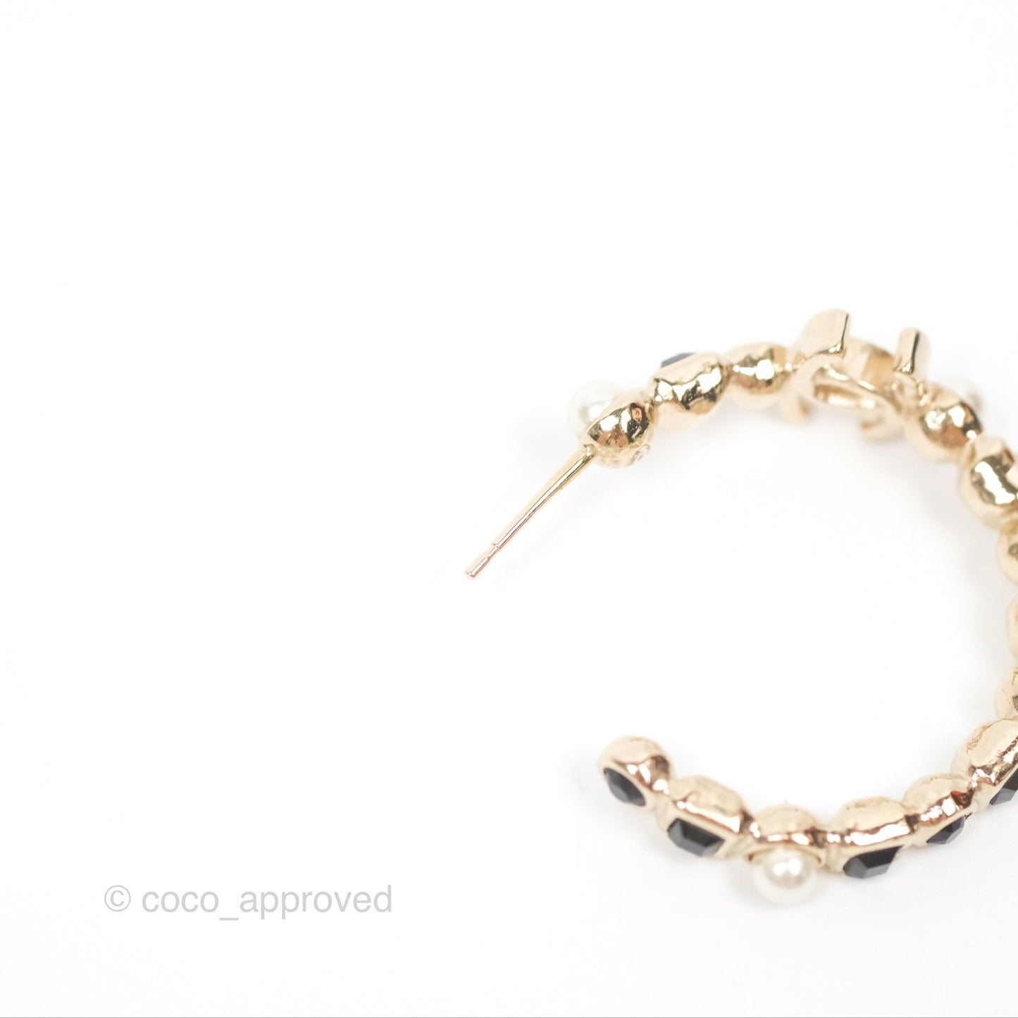 Chanel CC Pearl Black Rhinestone Hoop Earrings Gold Tone 23V