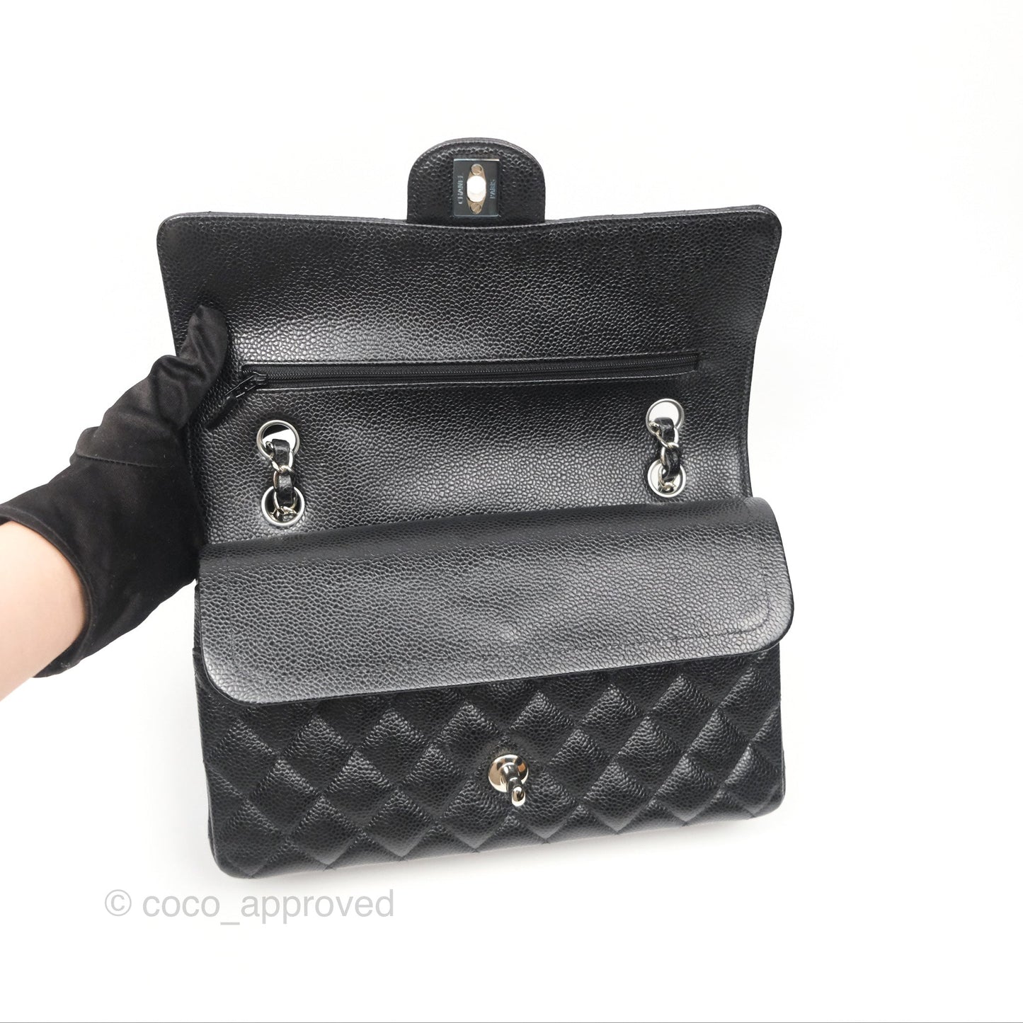Chanel Classic M/L Medium Flap Quilted Black Caviar Silver Hardware