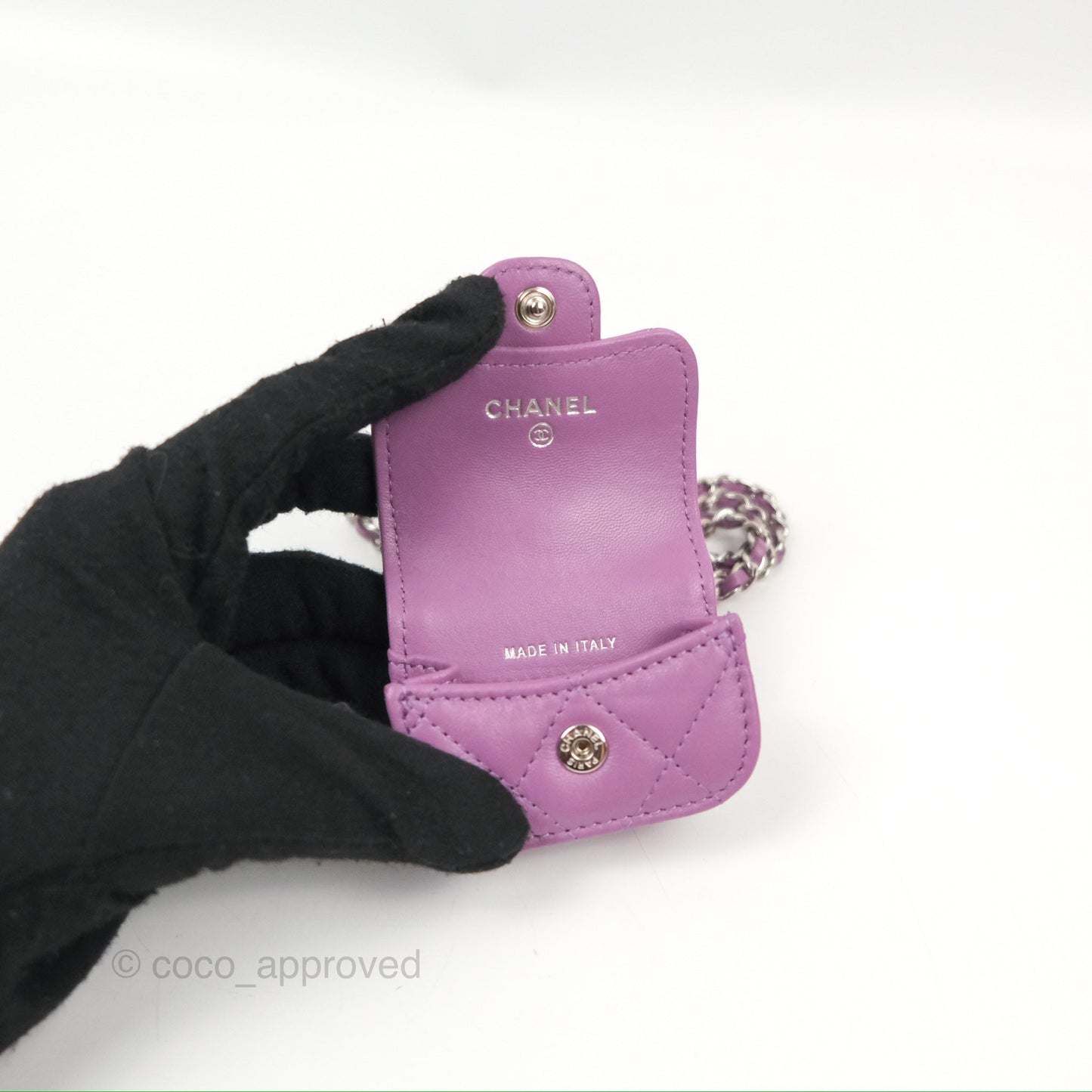 Chanel Quilted Airpods Pro Case with Removable Chain Purple Lambskin Silver Hardware