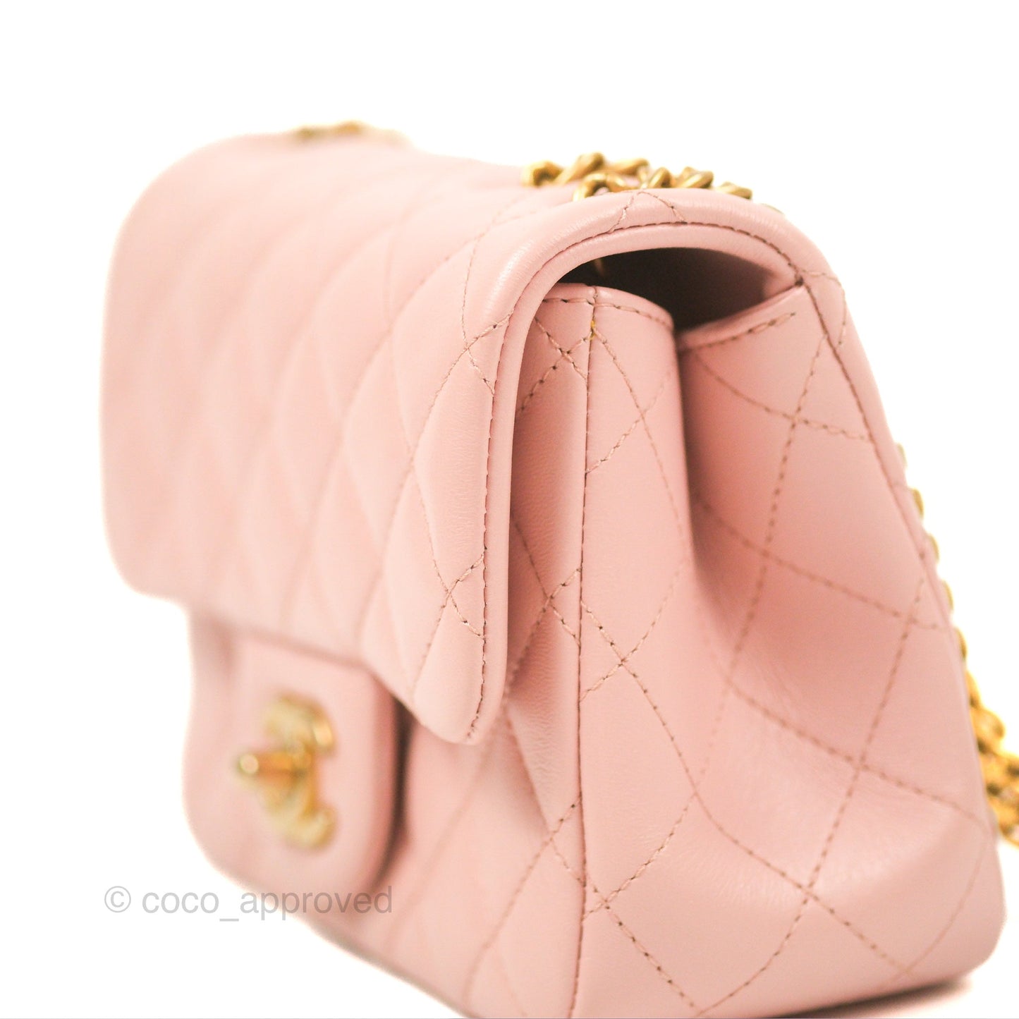 Chanel Quilted Mini Square Flap with Camellia Adjustable Chain Pink Clair Lambskin 23S