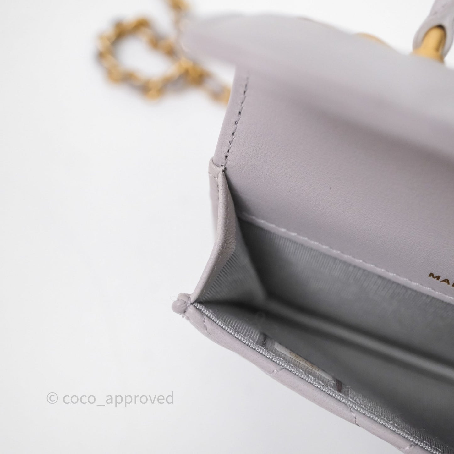 Chanel Mini Handle Flap Coin Purse With Chain Grey Lambskin Aged Gold Hardware