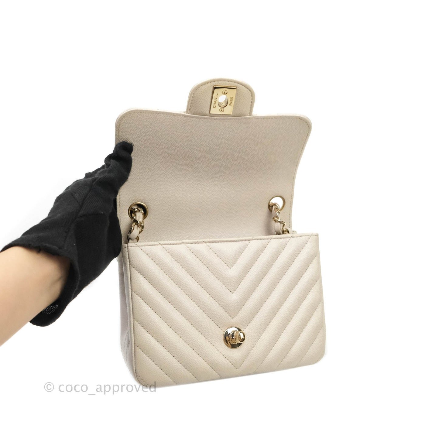 Chanel Mini Square Chevron Ivory Stone Caviar Gold Hardware 18B