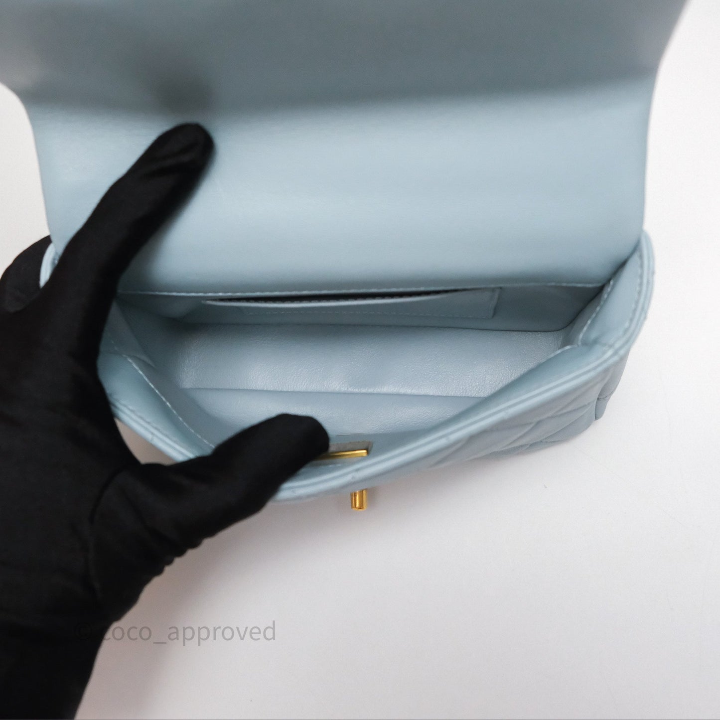 Chanel Quilted Enamel Pending CC Mini Square Flap Baby Blue Lambskin 22P
