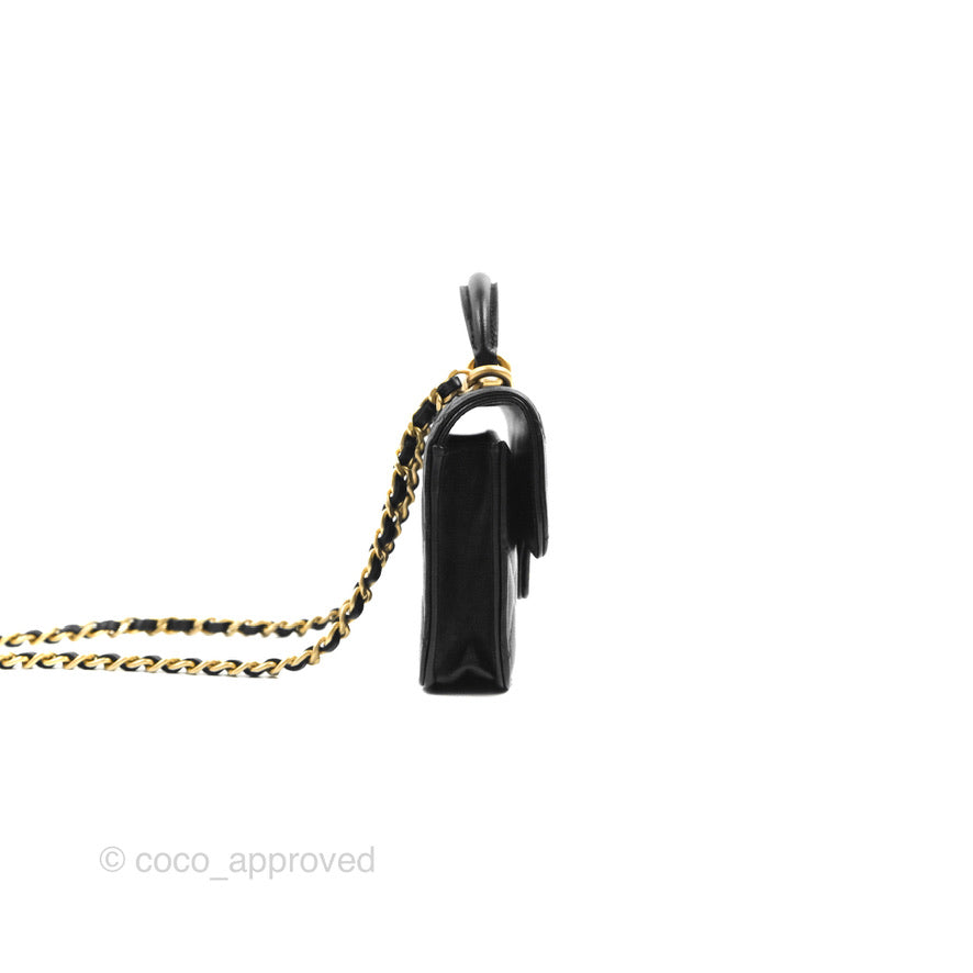 Chanel Mini Handle Flap Coin Purse With Chain Black Lambskin Gold Hardware