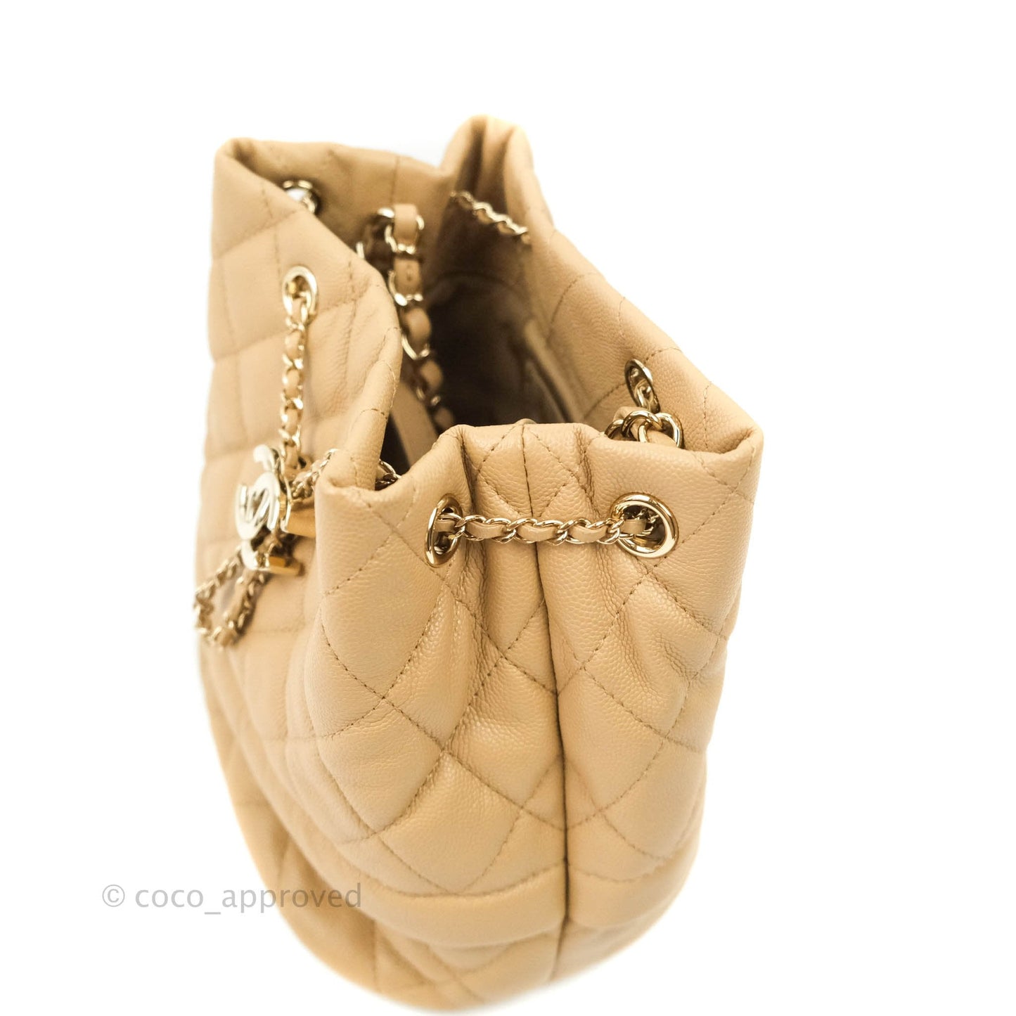 Chanel Caviar Quilted Rolled Up Bucket Drawstring Bag Beige Gold Hardware 19B