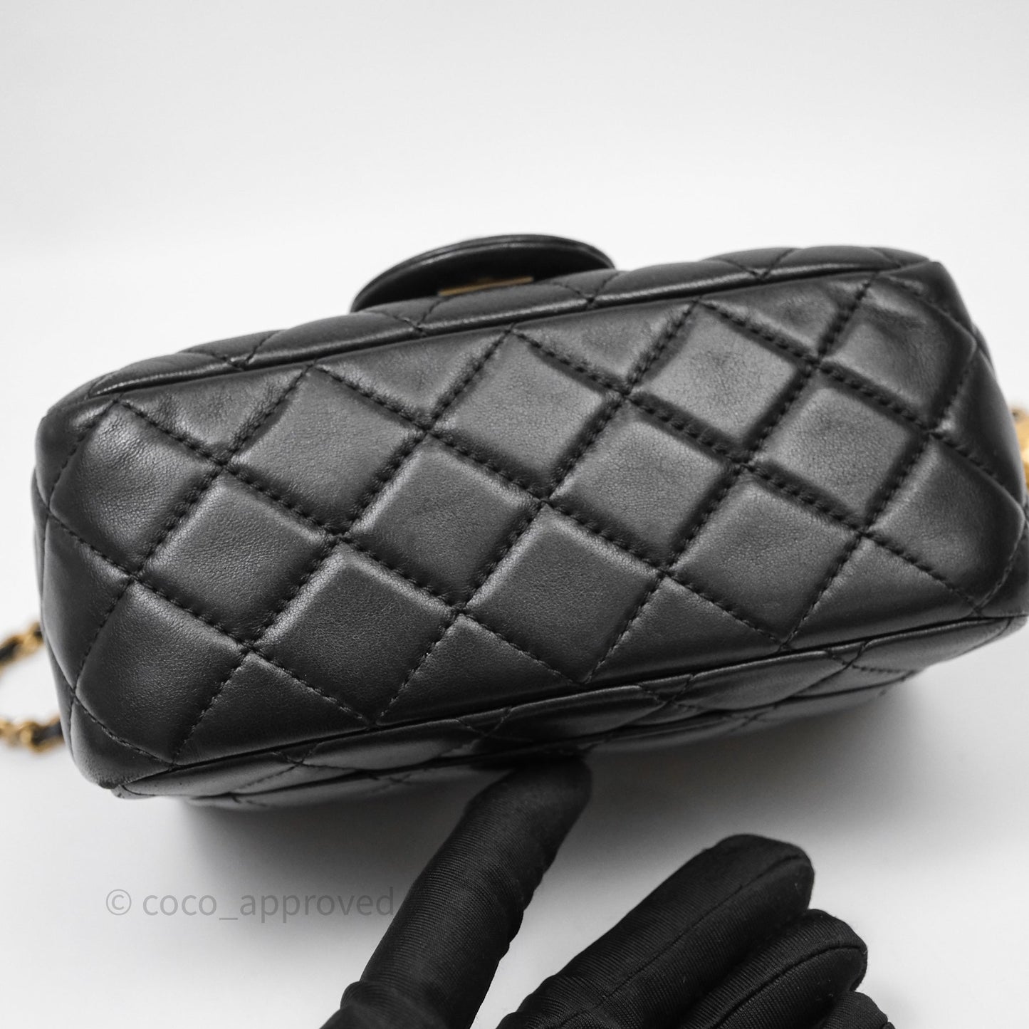 Chanel Pearl Crush Mini Square Quilted Black Lambskin Aged Gold Hardware