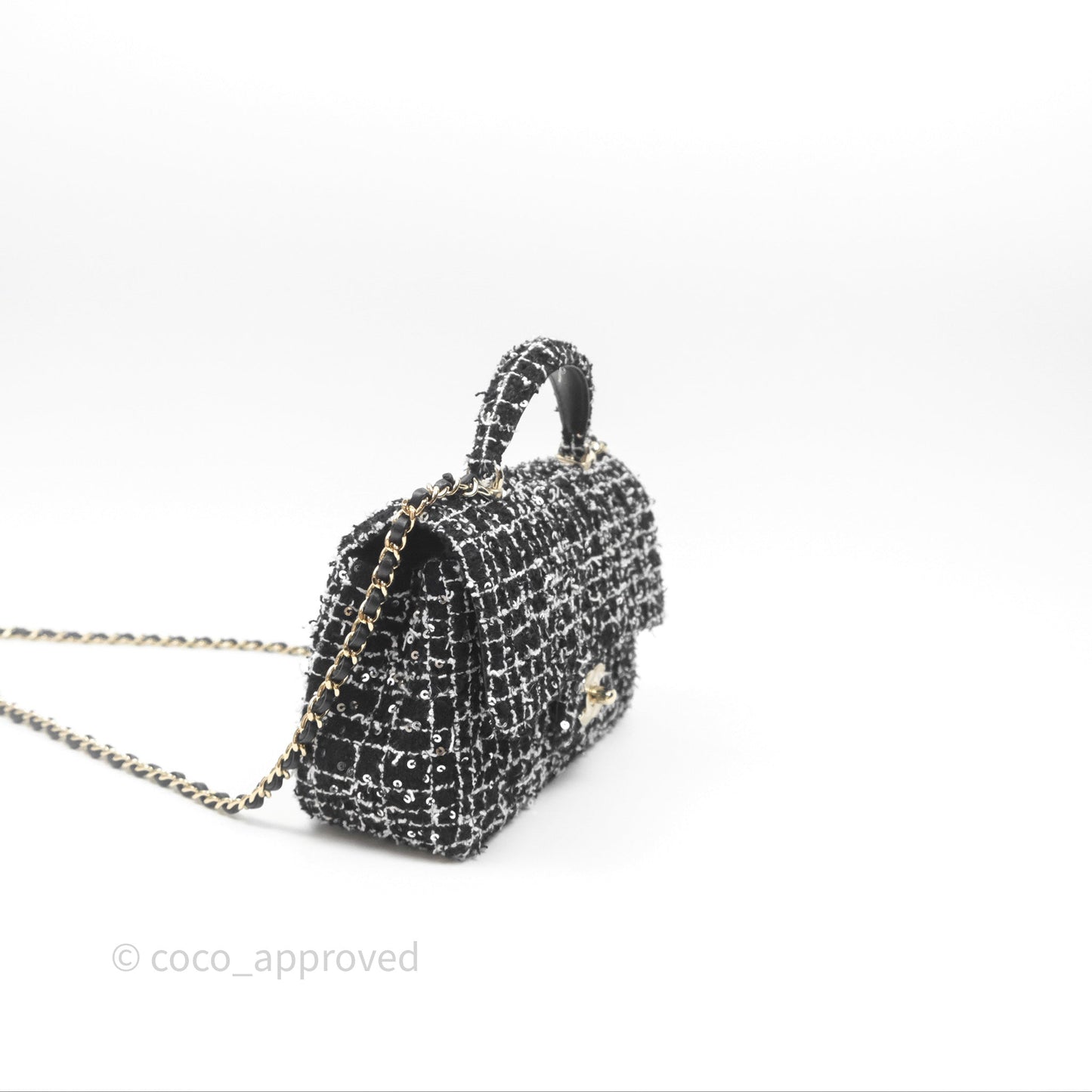 Chanel Top Handle Mini Rectangular Flap Black/ White Sequin Tweed Gold Hardware 24P