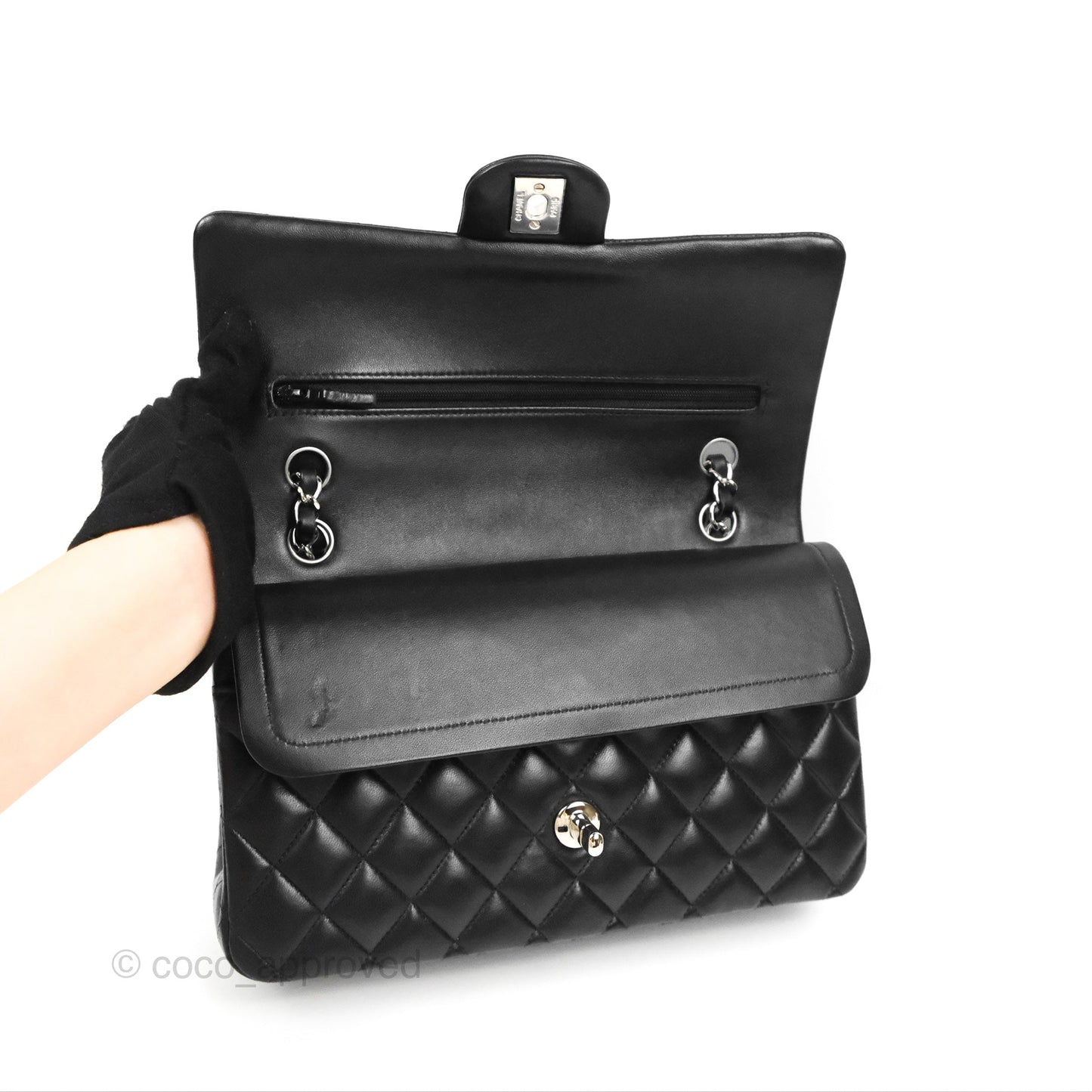 Chanel Classic M/L Medium Flap Quilted Black Lambskin Silver Hardware