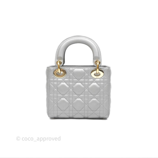 Christian Dior Mini Lady Dior Iridescent Grey Lambskin Cannage Gold Hardware