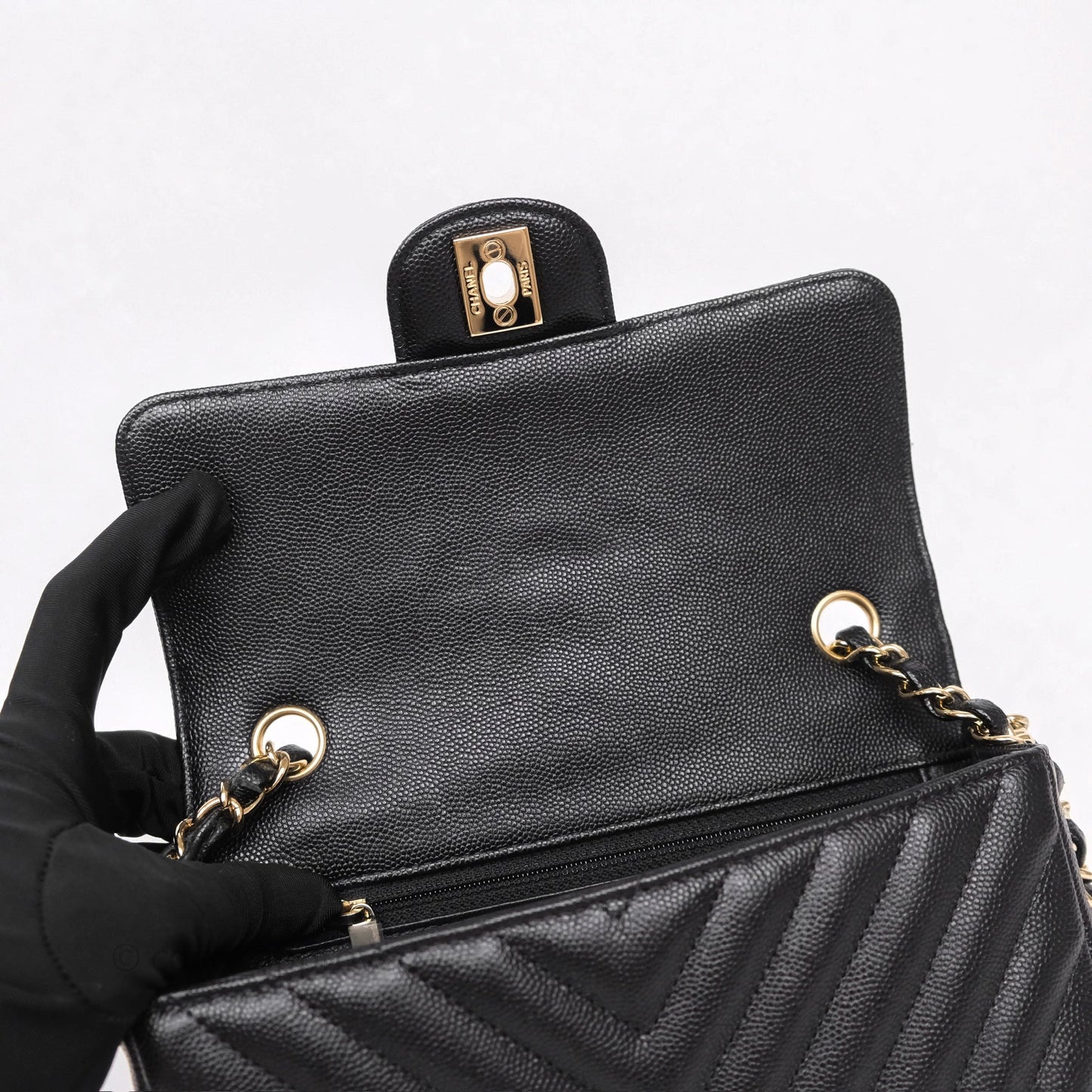Chanel Mini Rectangular Chevron Black Caviar Gold Hardware