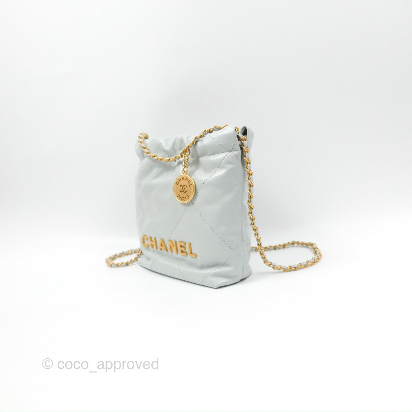 Chanel 22 Mini Bag Light Blue Grey Shiny Calfskin
