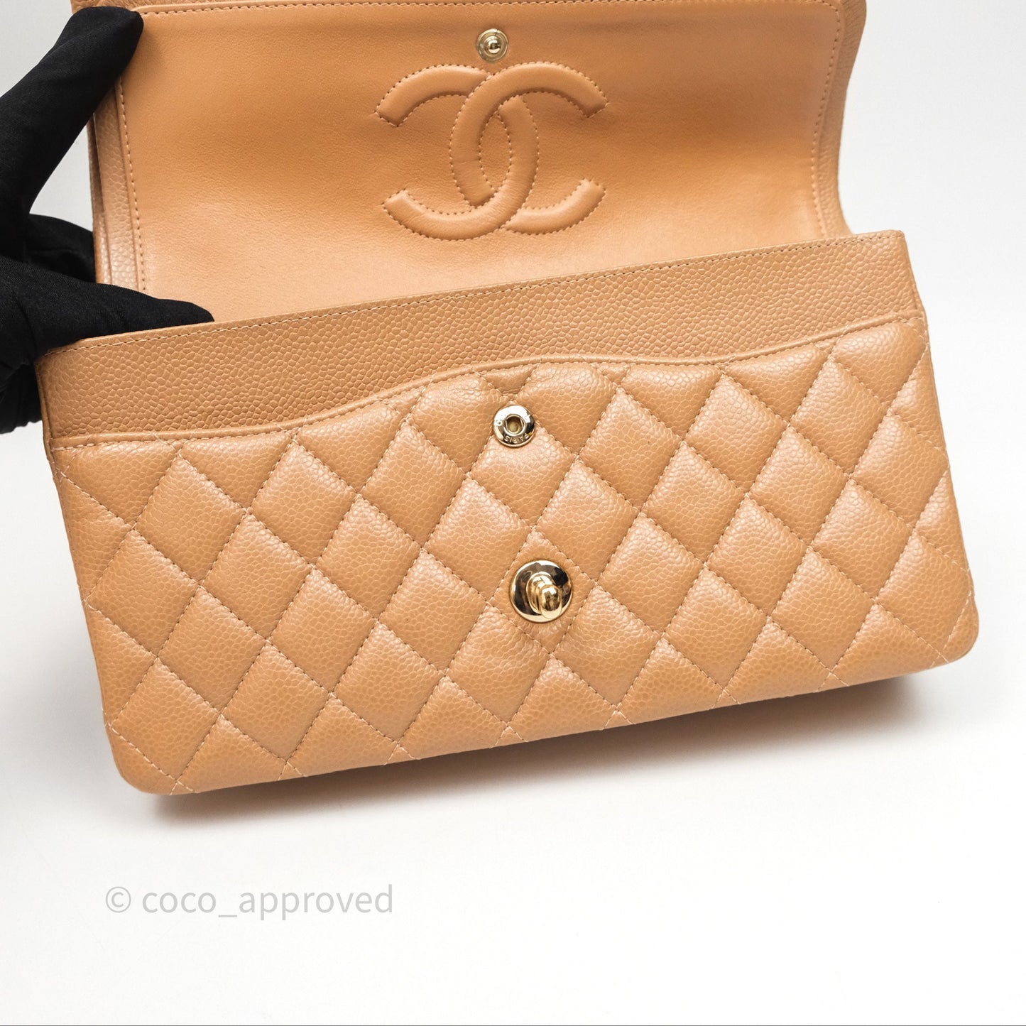 Chanel Classic M/L Medium Flap Quilted Beige Caviar Gold Hardware